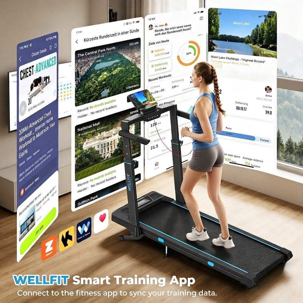 TM032 Height-Adjustable Treadmill with 10% Auto Incline, connect to WELLFIT Smart Training App for real-time route tracking, workout stats sync, and gamified fitness challenges on your phone.