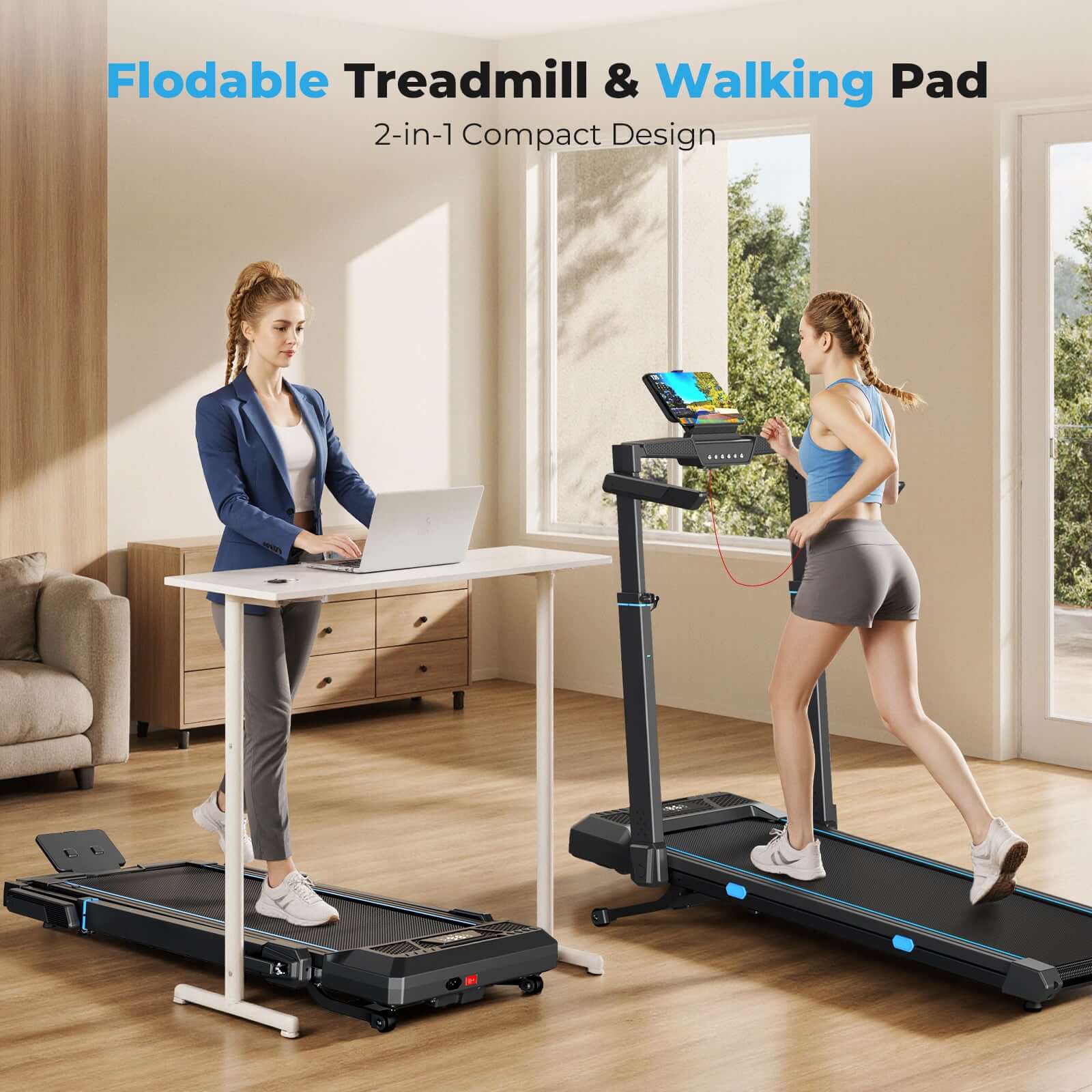 TM032 Height-Adjustable Treadmill with 10% Auto Incline, foldable walking pad with desk attachment, compact 2-in-1 design for efficient home office workouts.