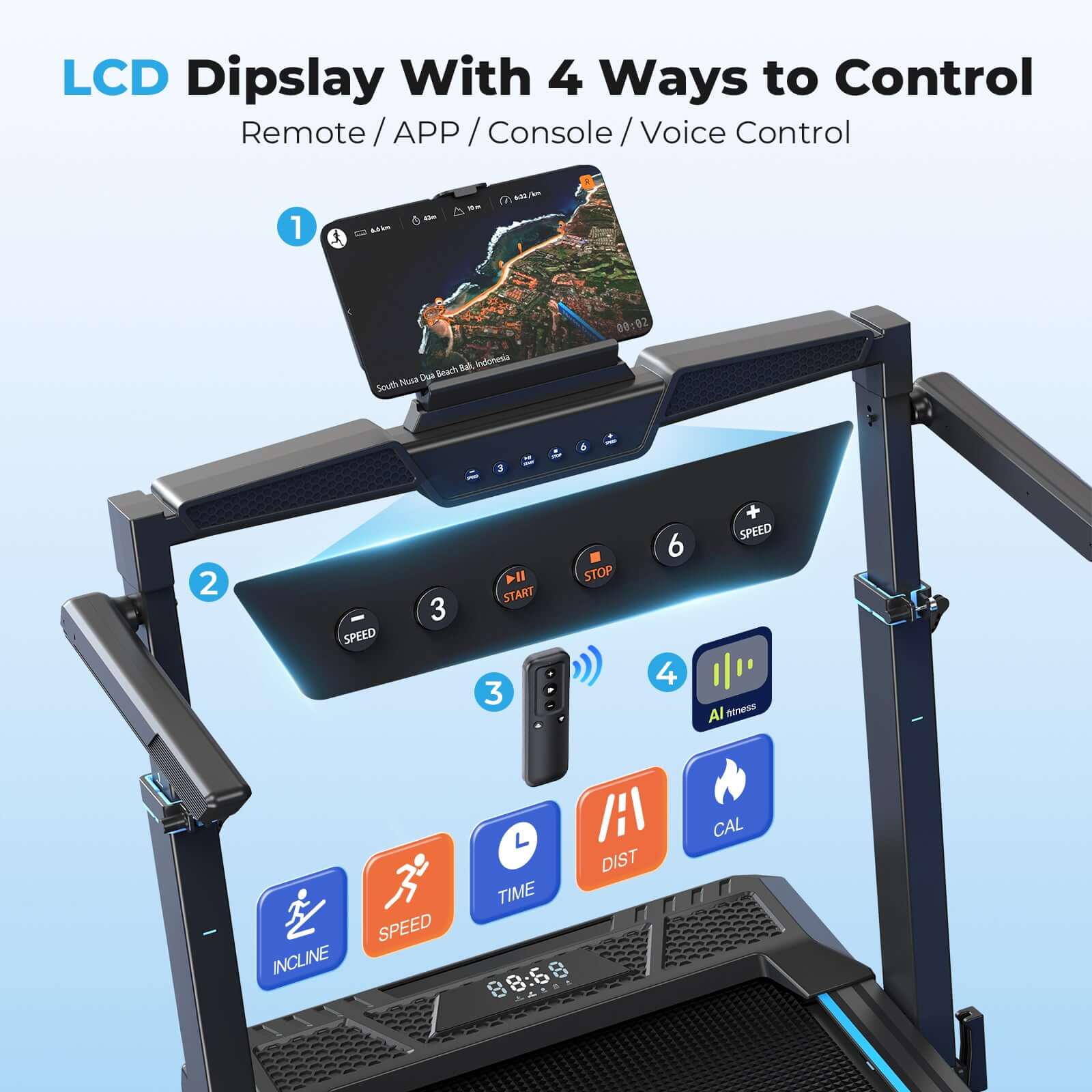 TM032 Height-Adjustable Treadmill with 10% Auto Incline, LCD display with 4 control ways: remote, app, console and voice for smart home workouts.