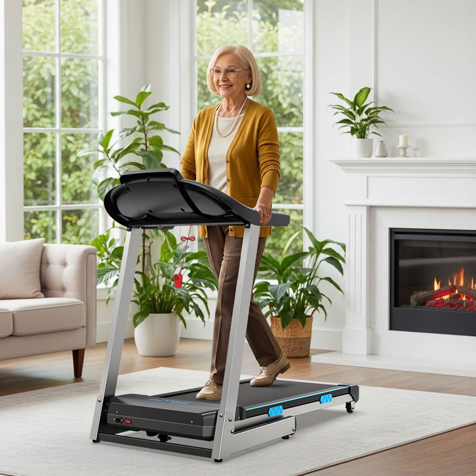 TM007 Foldable Auto 15% Incline Treadmill with 200kg capacity supports gentle daily walks in a cozy living room — perfect for active seniors and safe home fitness.
