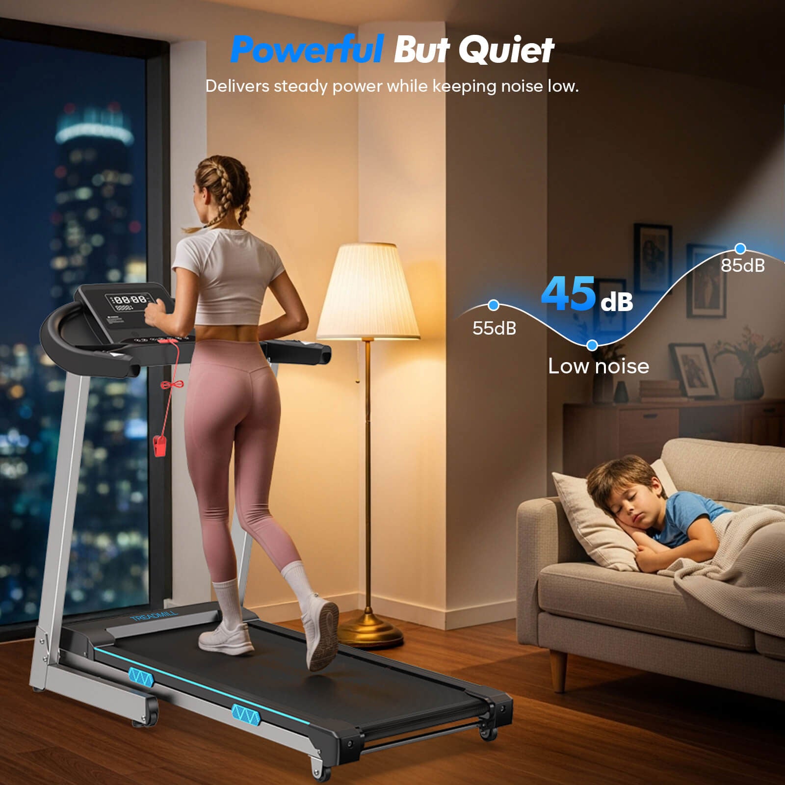 TM007 Foldable Auto 15% Incline Treadmill runs below 45dB, maintaining household peace for late-night runs, giving you full control over your schedule.