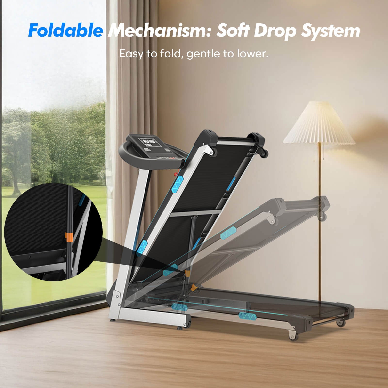 TM007 Foldable Auto 15% Incline Treadmill uses hydraulic support for effortless folding and controlled lowering, ensuring safe storage without heavy lifting in tight spaces.