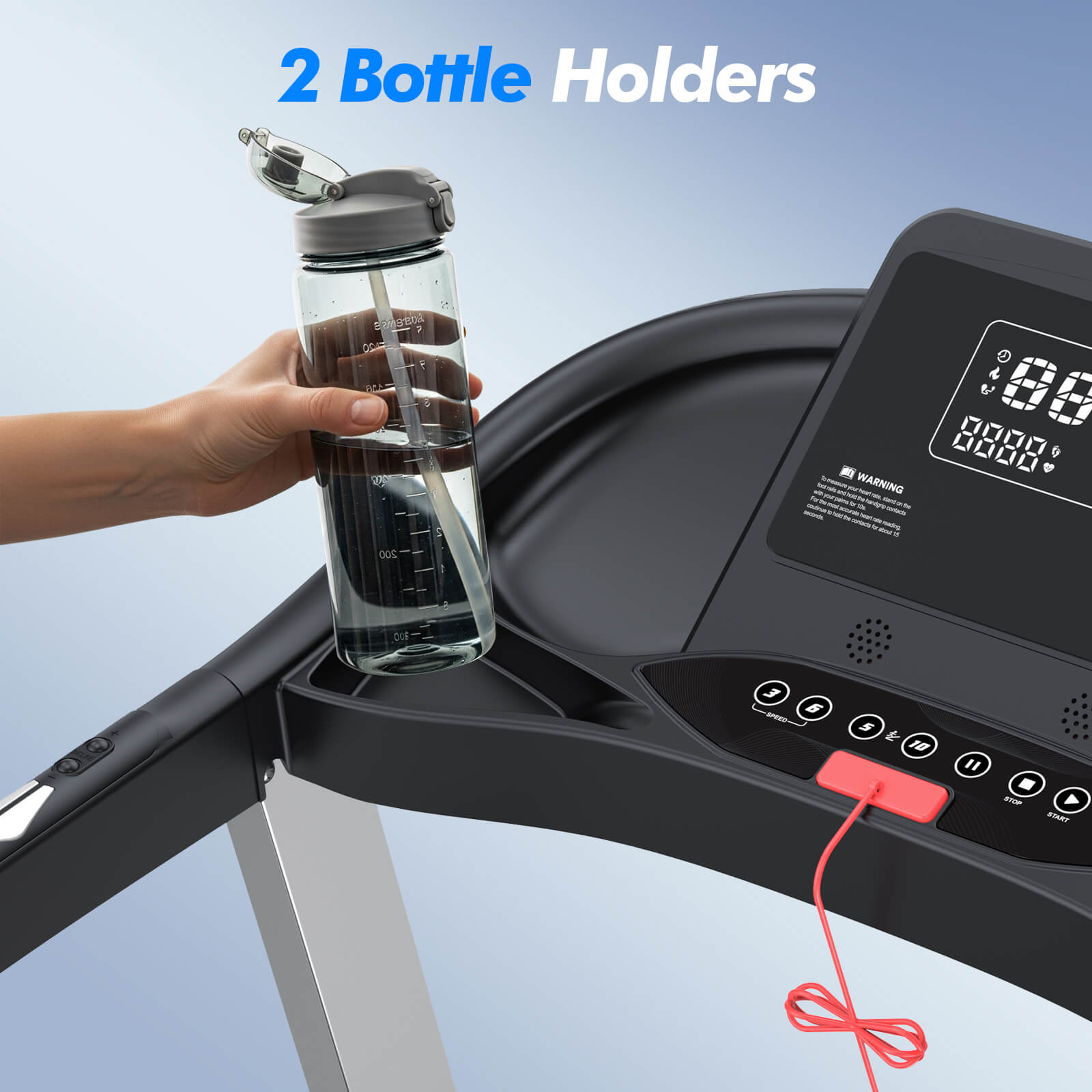 TM007 Foldable Auto 15% Incline Treadmill includes 2 bottle holders and a safety key, ensuring easy hydration and secure workouts during home exercise sessions.