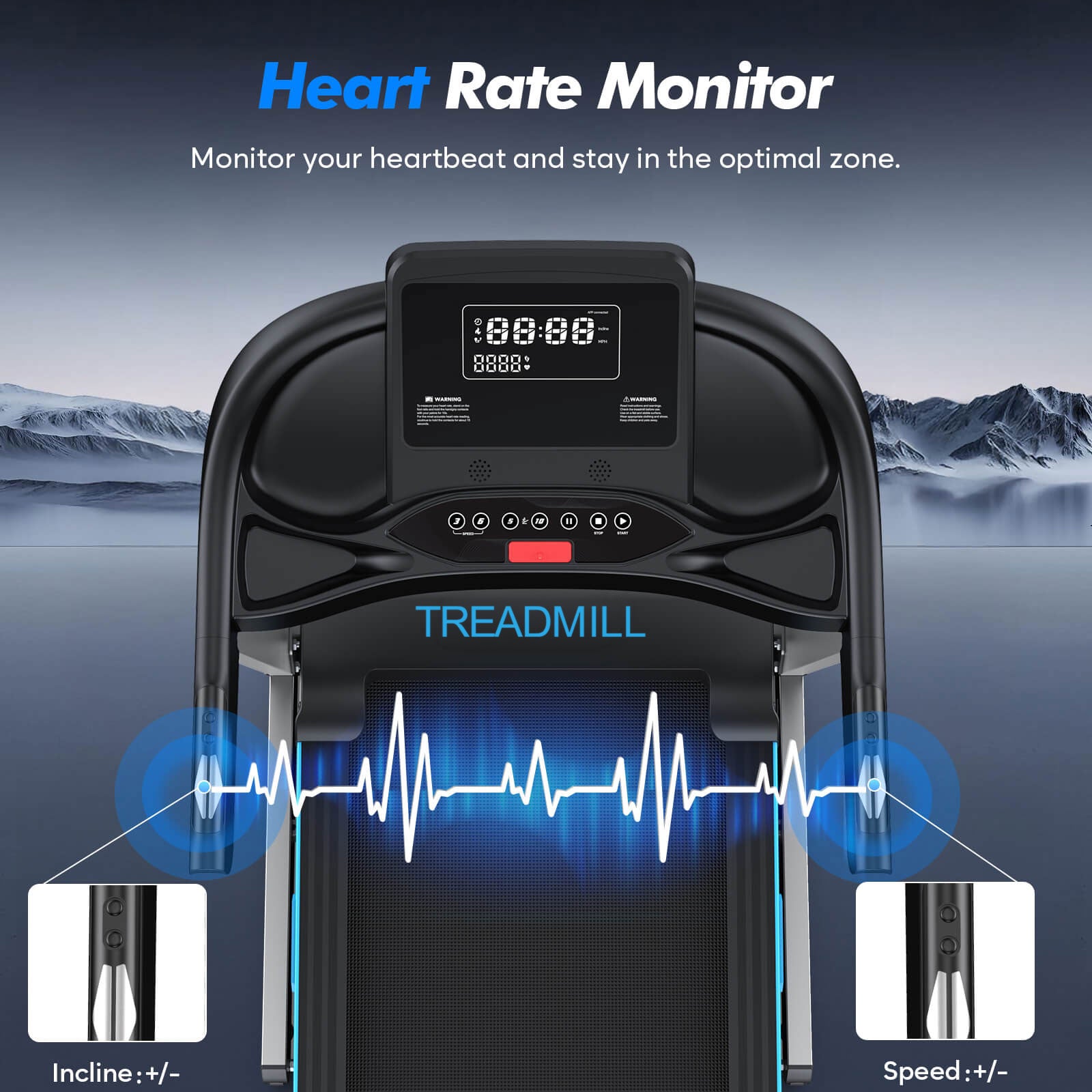 TM007 Foldable Auto 15% Incline Treadmill features handlebar heart rate sensors to monitor heartbeat and maintain optimal training zones for efficient workouts.