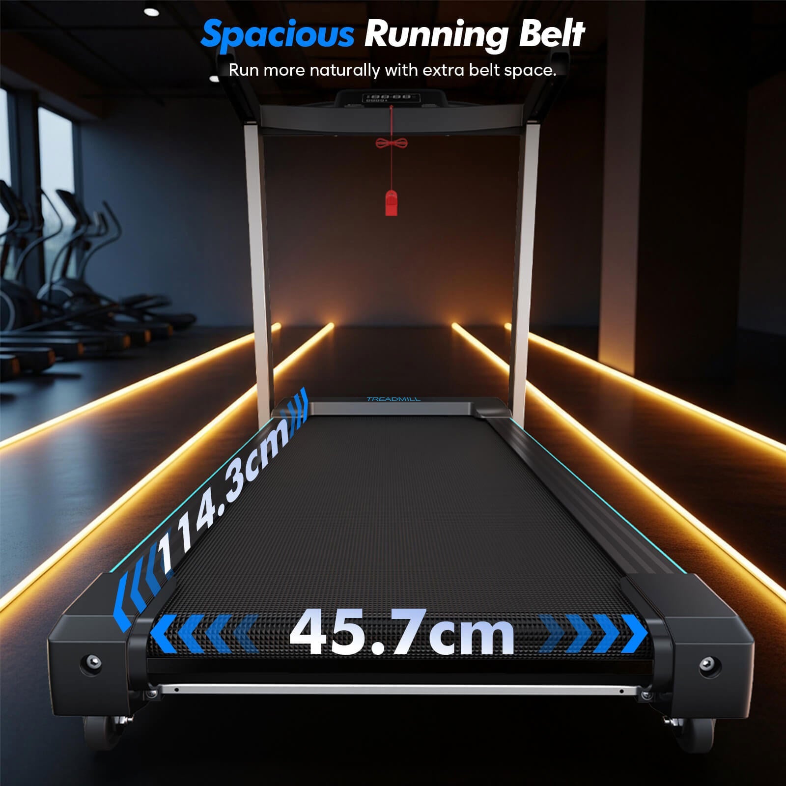 TM007 Foldable Auto 15% Incline Treadmill features a spacious 114.3x45.7cm running belt, delivering a natural, stable stride for users up to 200kg in home gyms.
