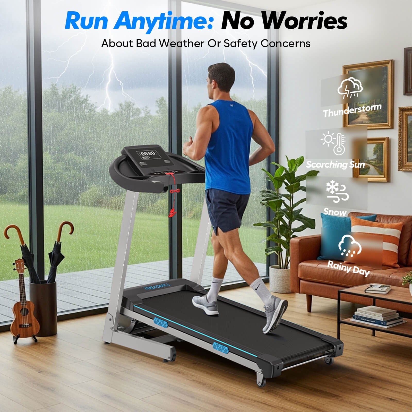 TM007 Foldable Auto 15% Incline Treadmill with 200kg capacity lets you run safely indoors anytime, protected from rain, storms, sun or snow, enjoying uninterrupted workouts at home.