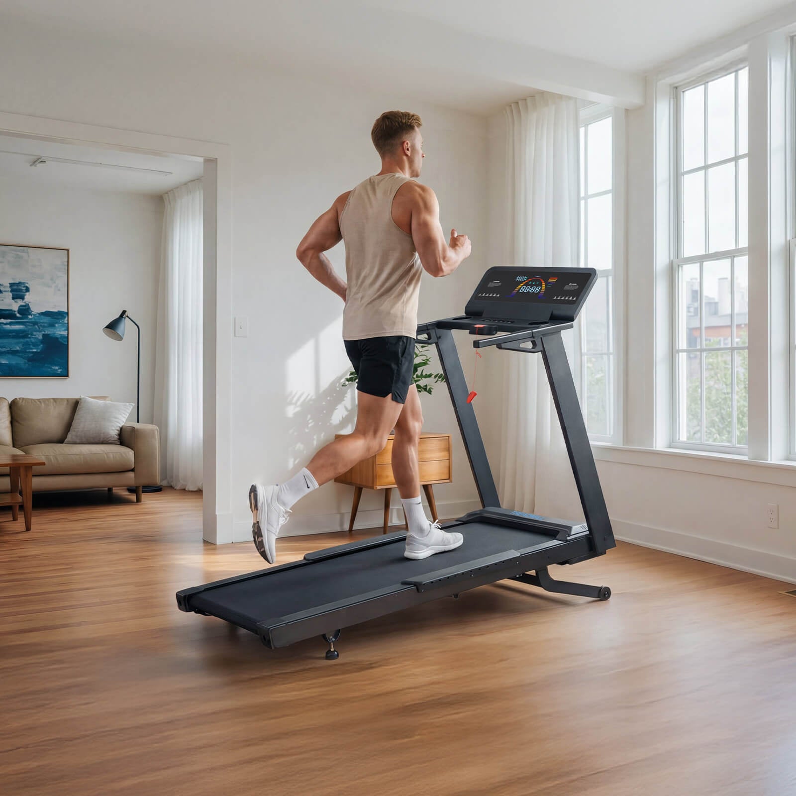 TM029 Pro Heavy Duty Treadmill with 15% auto incline and 227kg capacity delivers powerful runs in sunlit living rooms — built for serious training at home.