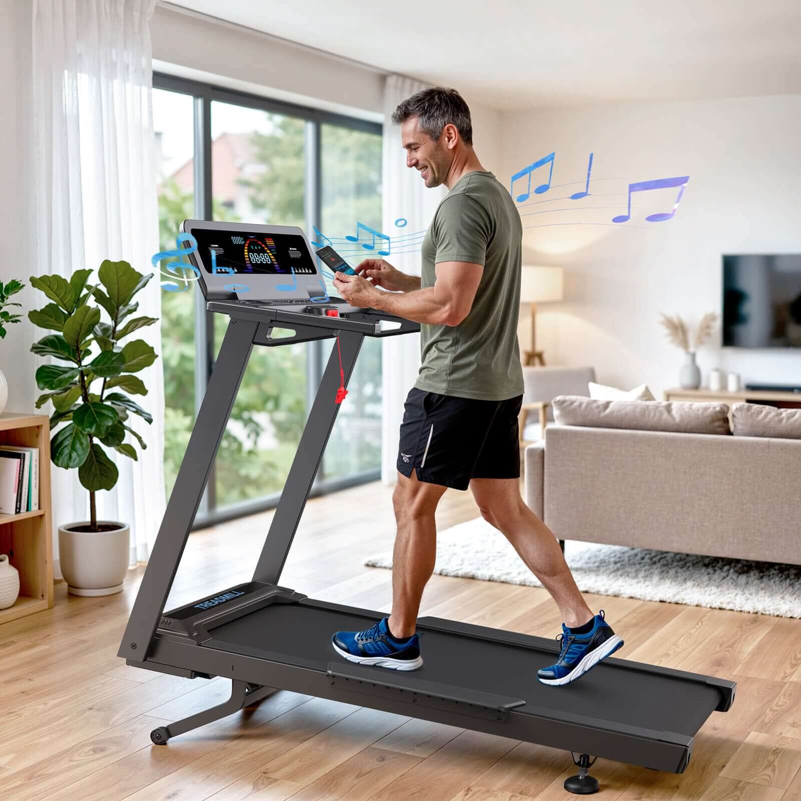 TM029 Pro Heavy Duty Treadmill brings entertainment to your home workouts with music streaming and easy smartphone control for an enjoyable walking experience in bright living spaces.