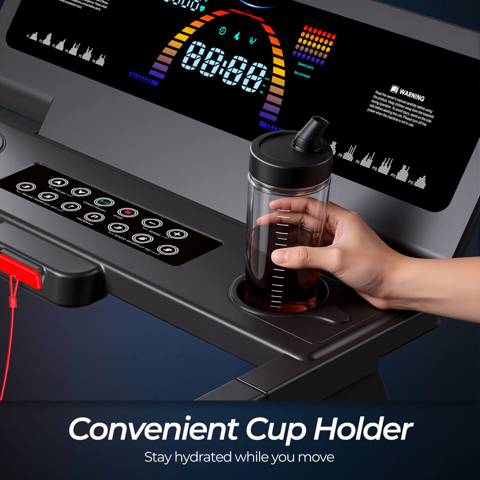 TM029 Pro Heavy Duty Treadmill has a convenient cup holder to keep your water bottle secure while you run, so you stay hydrated without pausing your workout.