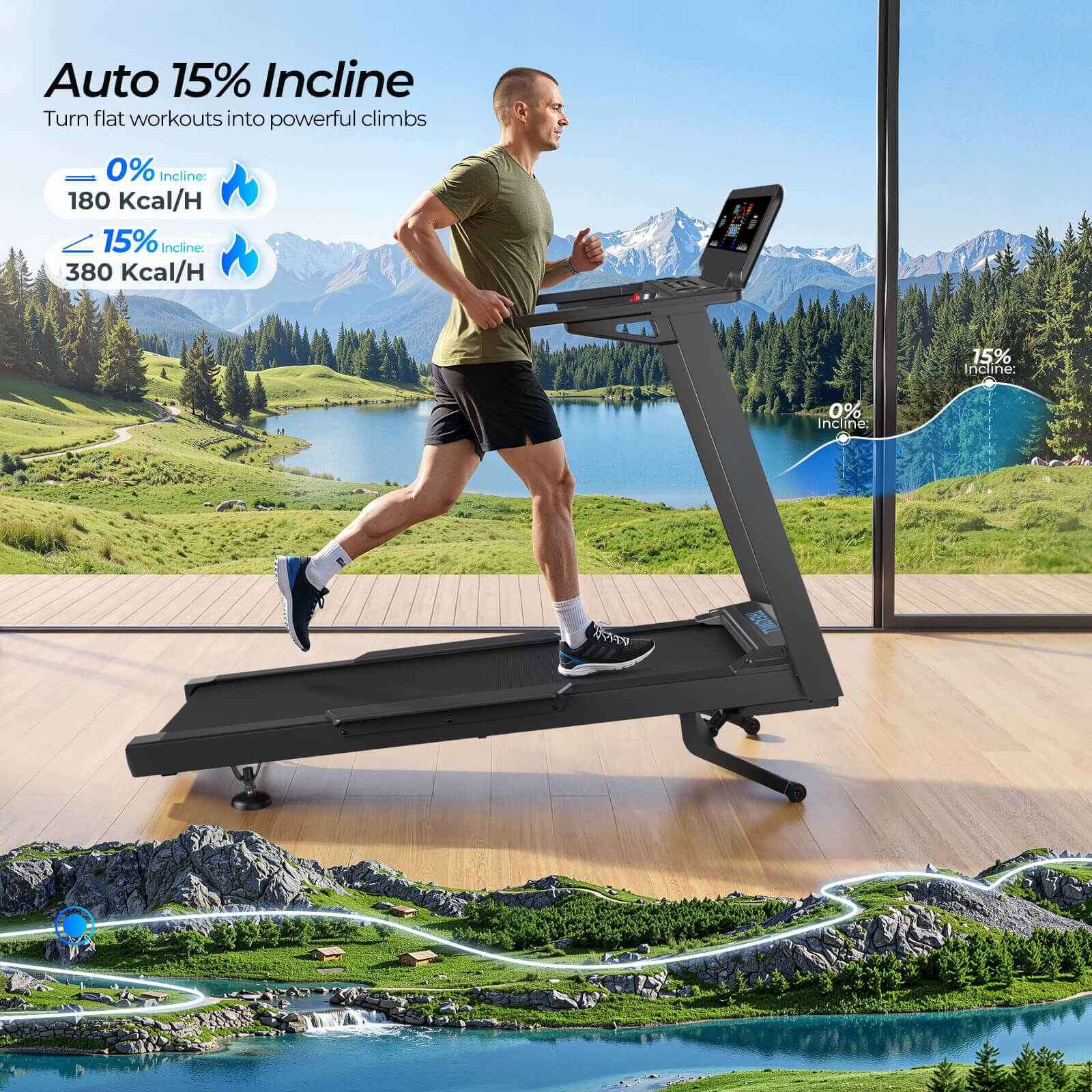 TM029 Pro Heavy Duty Treadmill: 15% auto incline + immersive mountain-lake scenery for powerful climbs, burning 380 Kcal/H during home workouts.