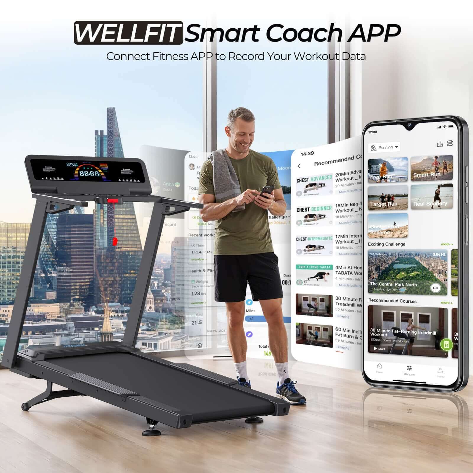 TM029 Pro Heavy Duty Treadmill connects to WELLFIT Smart Coach APP for tracking workout data and accessing guided training courses on your phone.