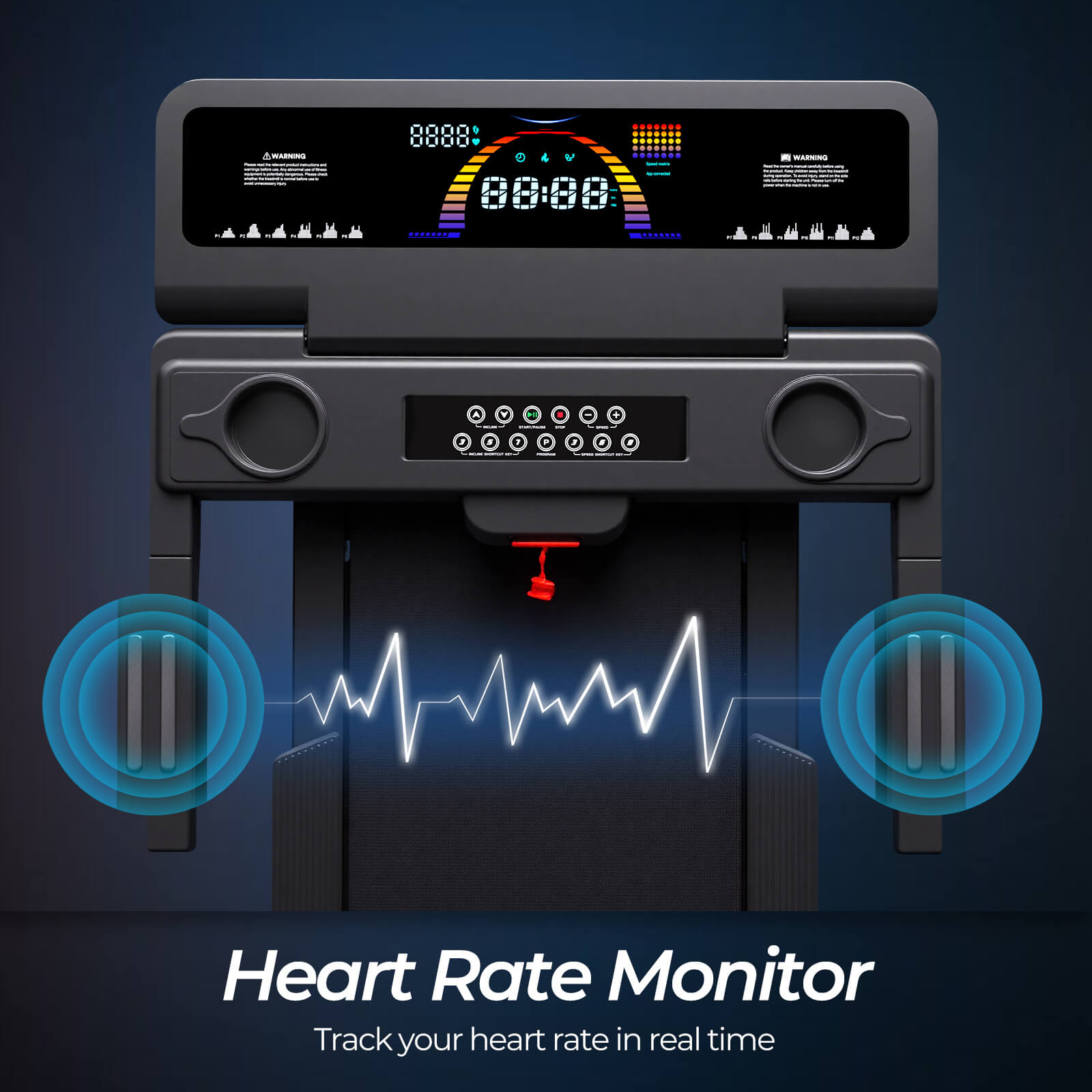 TM029 Pro Heavy Duty Treadmill features built-in heart rate sensors and an emergency stop key, helping you monitor your pulse in real time for safer, more effective cardio workouts.