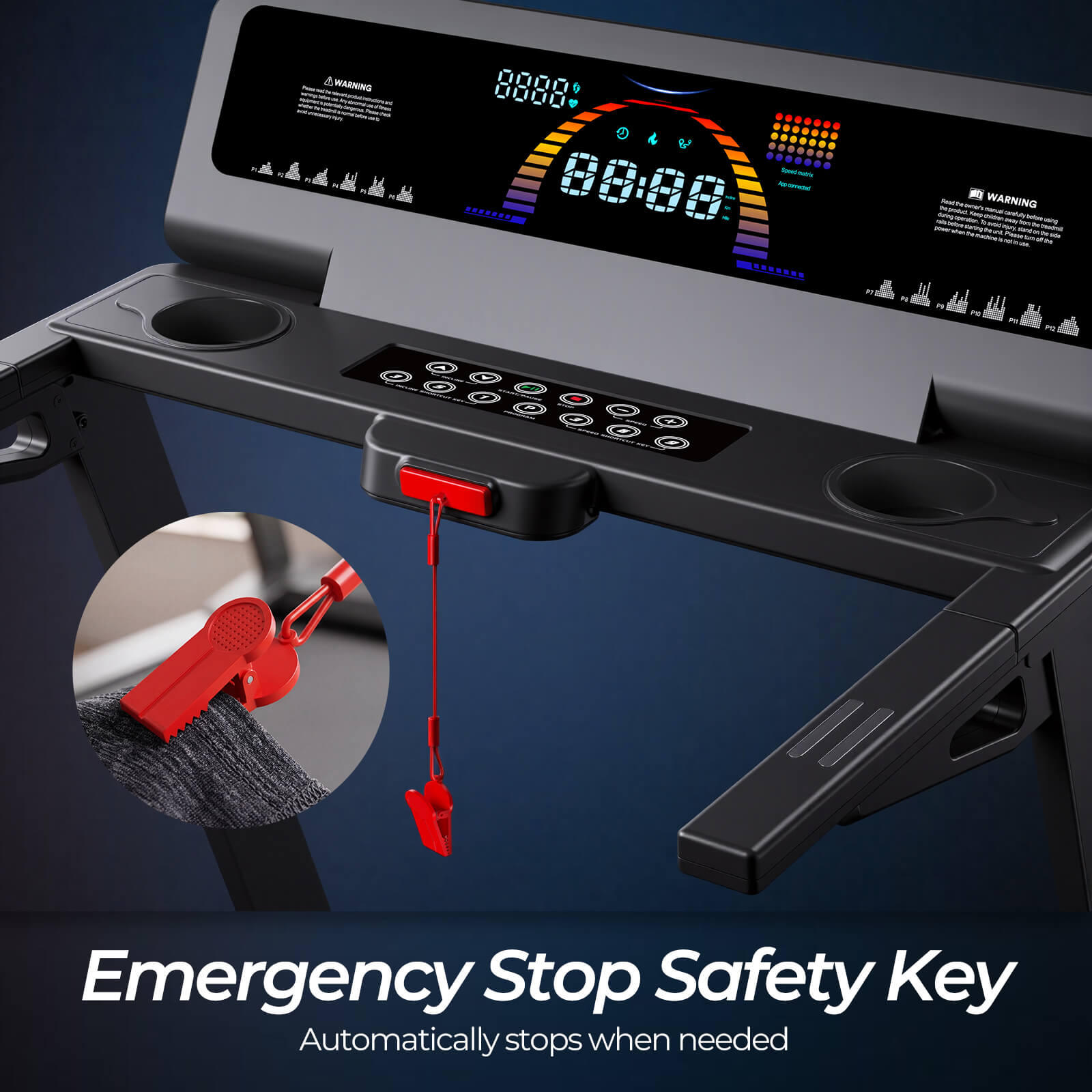 TM029 Pro Heavy Duty Treadmill features a strong magnetic emergency stop safety key that instantly halts the machine if pulled, ensuring maximum safety during your home workout.