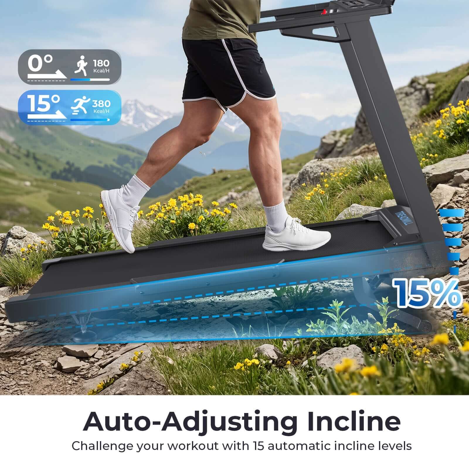 TM029 Pro Heavy Duty Treadmill features 15 automatic incline levels up to 15% challenging workouts like mountain trails for immersive outdoor simulation at home.