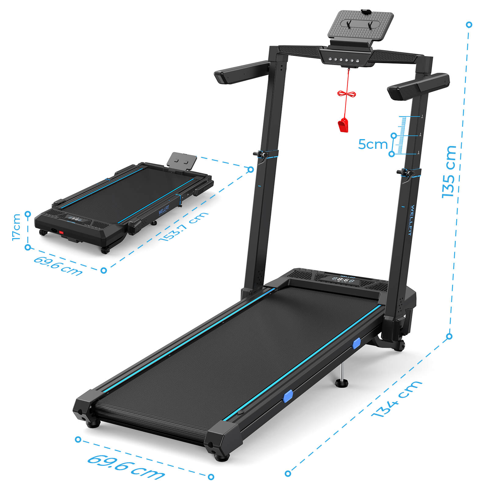 TM032 Height-Adjustable Treadmill with 10% Auto Incline folds to a slim 17cm profile, sliding easily under sofas or into wardrobes to reclaim your floor space.