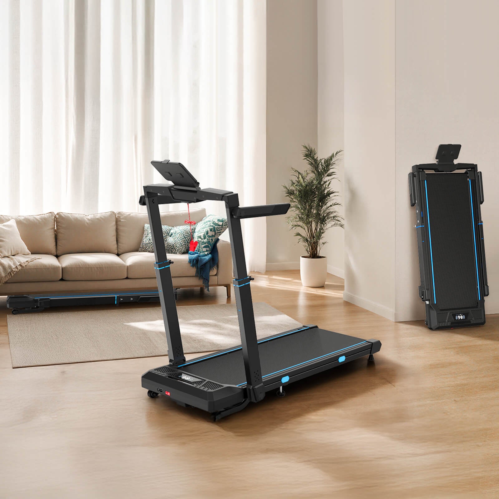 TM032 Height-Adjustable Treadmill with 10% Auto Incline, slim fold-flat design with transport wheels fits seamlessly into home interiors for space-saving storage.