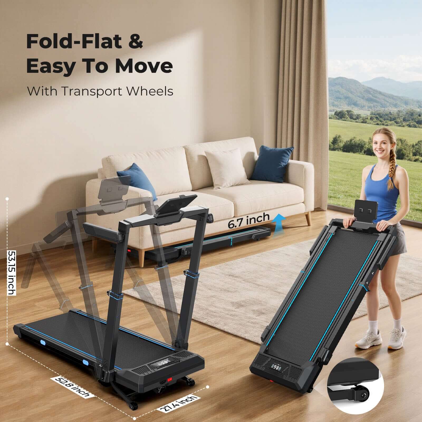 TM032 Height-Adjustable Treadmill with 10% Auto Incline, fold-flat design with transport wheels tucks away neatly, maximizing floor space for a clutter-free home environment.