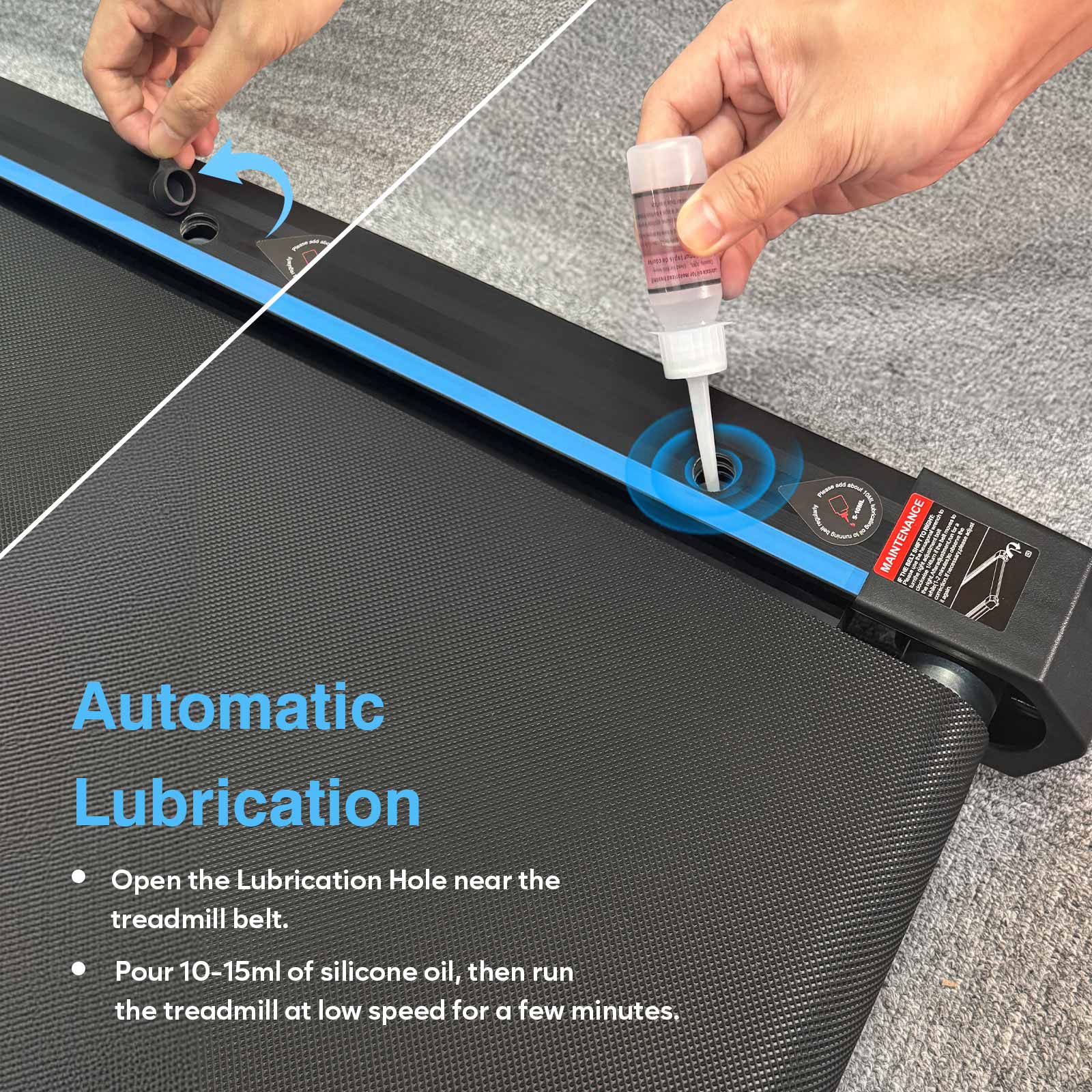 TM032 Height-Adjustable Treadmill with 10% Auto Incline features easy automatic lubrication: pour 10-15ml silicone oil, then run at low speed.