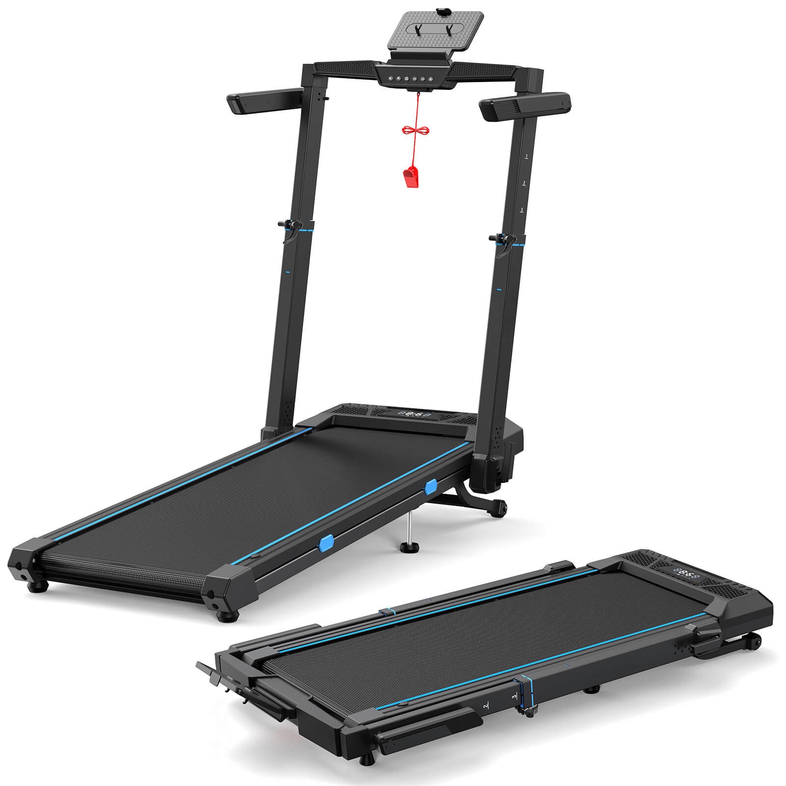 TM032 Height-Adjustable Treadmill with 10% Auto Incline folds flat in seconds for compact, space-saving storage without assembly hassle.