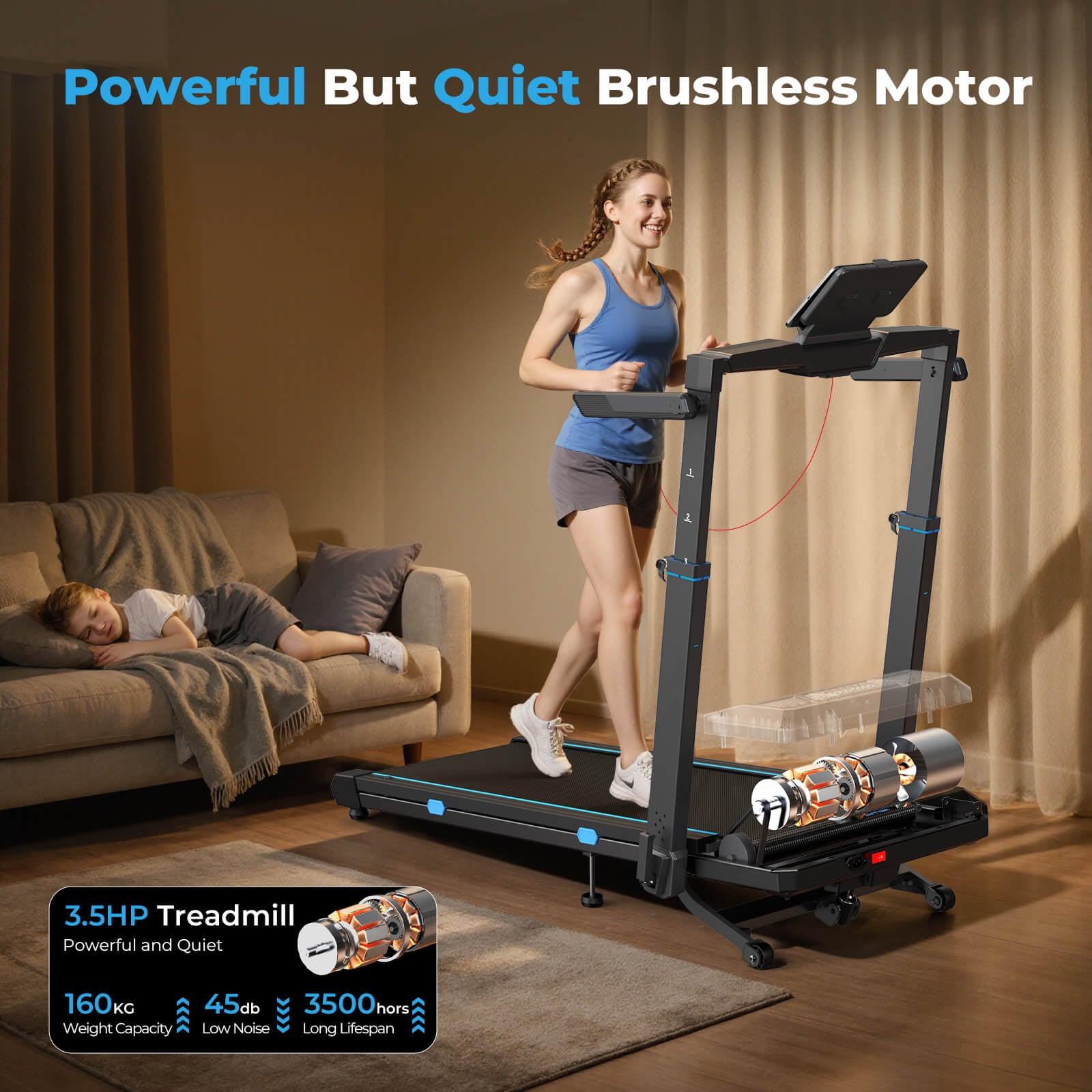 TM032 Height-Adjustable Treadmill with 10% Auto Incline features a powerful yet quiet 3.5HP brushless motor. Ideal for home workouts without disturbing others.