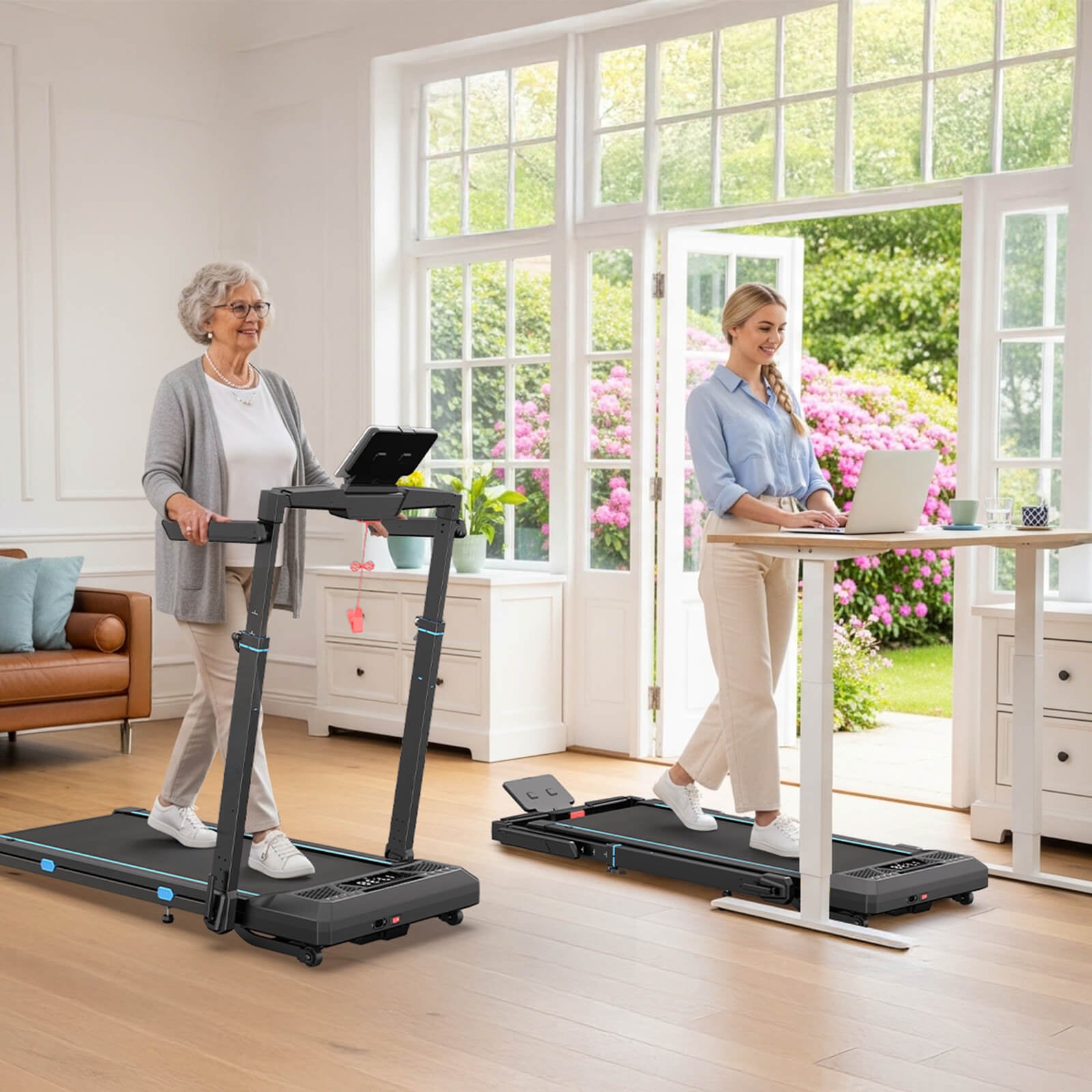 TM032 Height-Adjustable Treadmill with 10% Auto Incline fits seamlessly into home life — walk while working, for all ages in a bright, shared space.