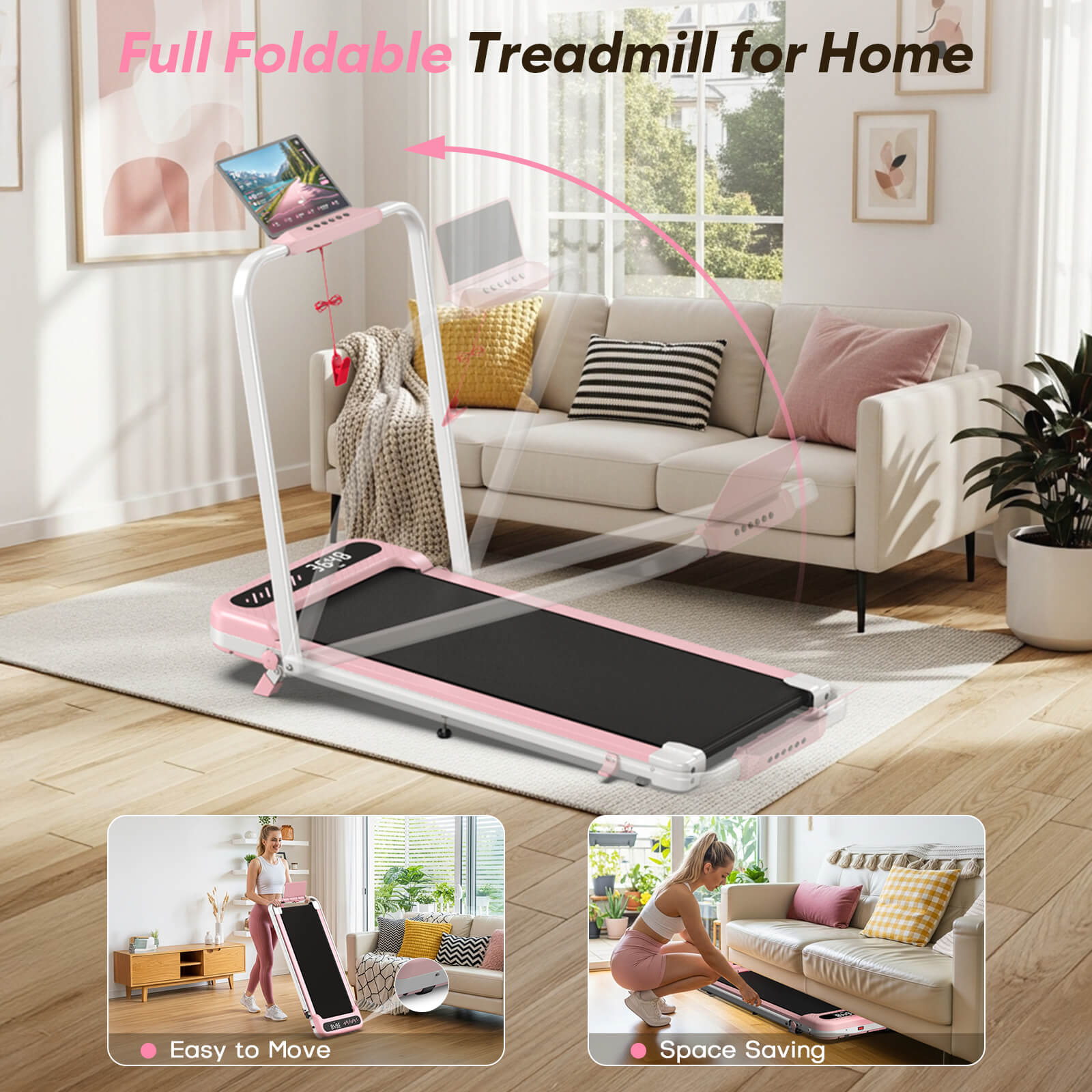 TM037 Pink Walking Pad Folding Treadmill With Incline