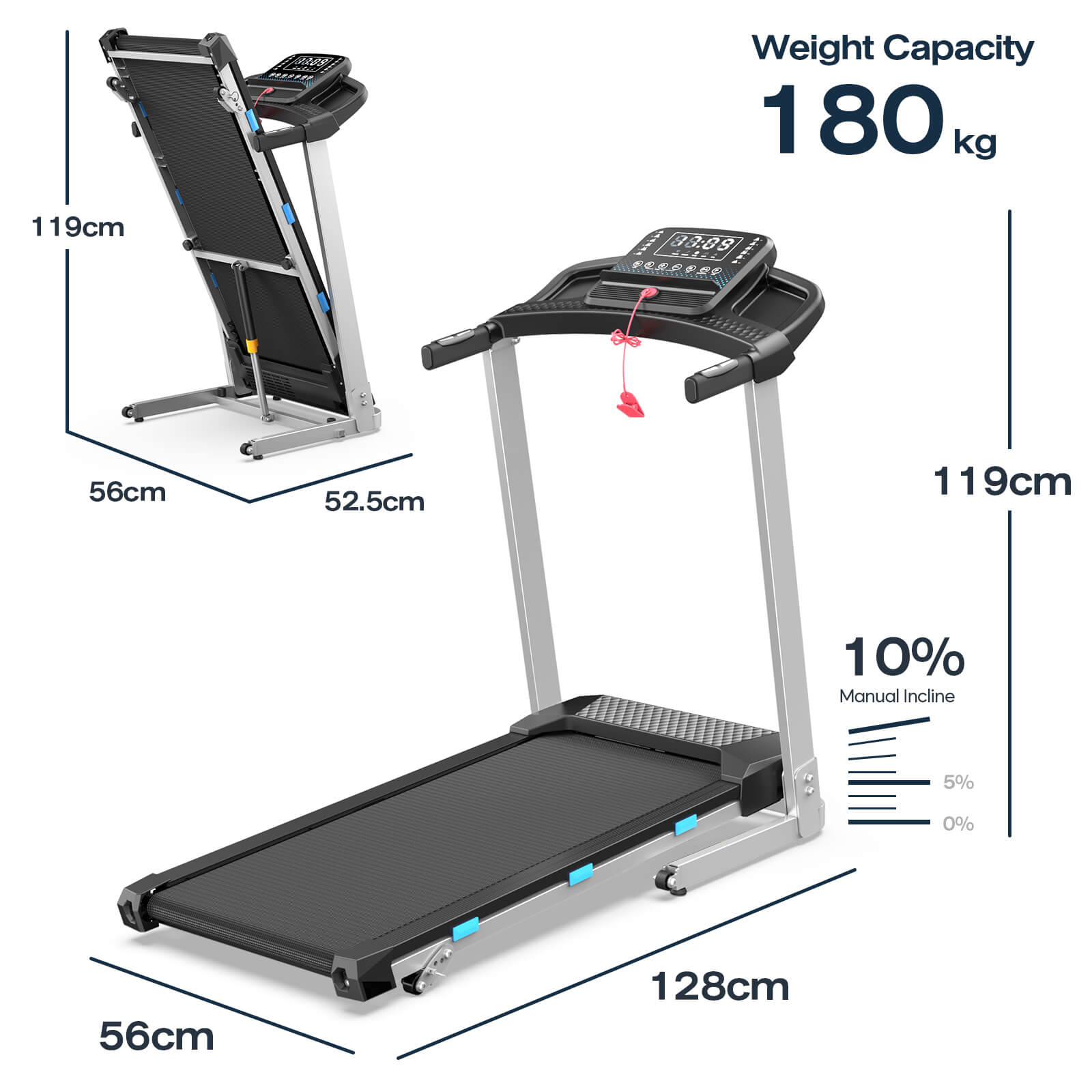 TM015 Foldable Incline Treadmill With Side Rails 180kg Capacity