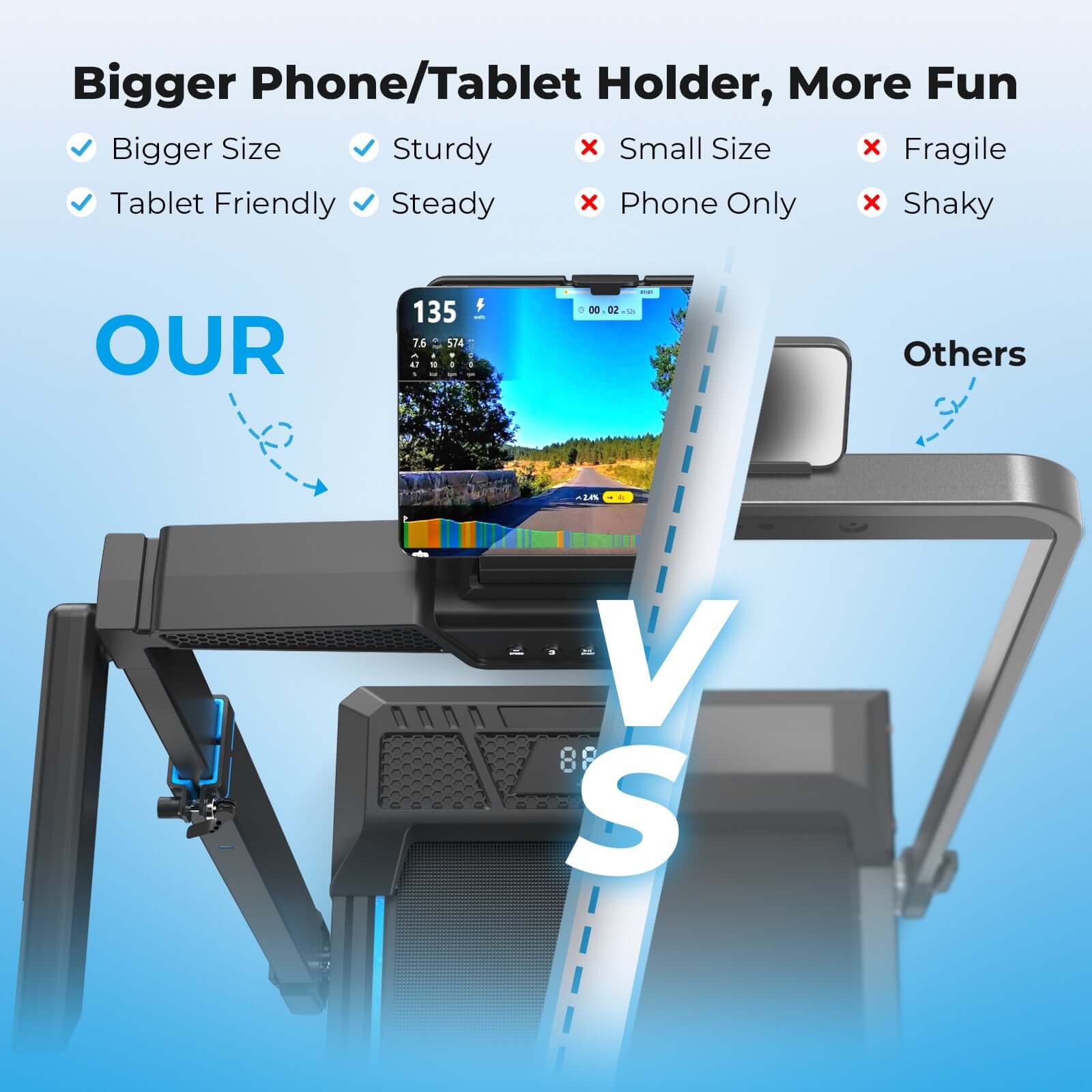 TM032 Height-Adjustable Treadmill with 10% Auto Incline features a bigger, sturdy tablet-friendly holder that keeps devices steady during workouts, unlike flimsy alternatives.