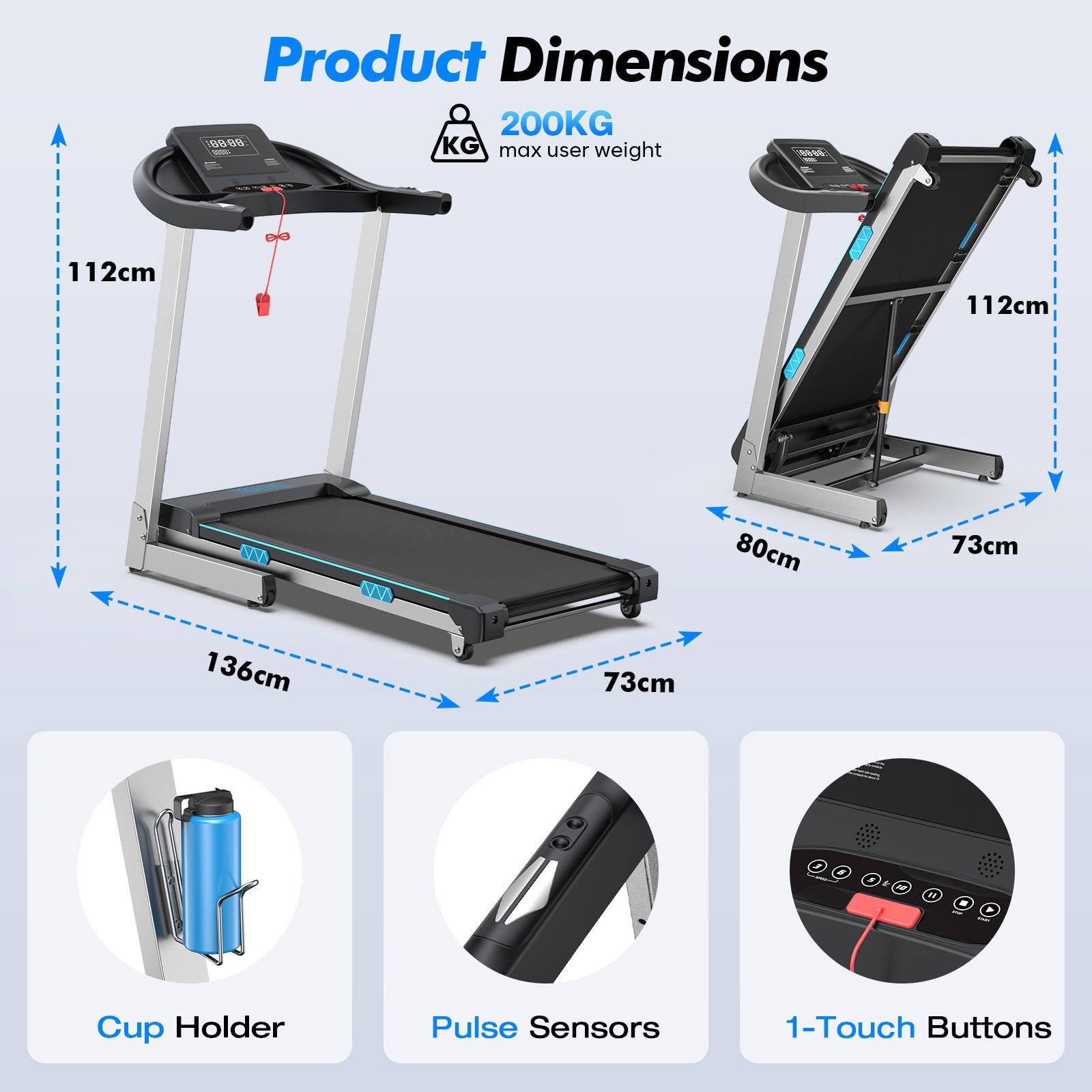 TM007 Foldable Auto 15% Incline Treadmill with 200kg capacity, showing product dimensions, cup holder, pulse sensors and 1-touch buttons for easy control.