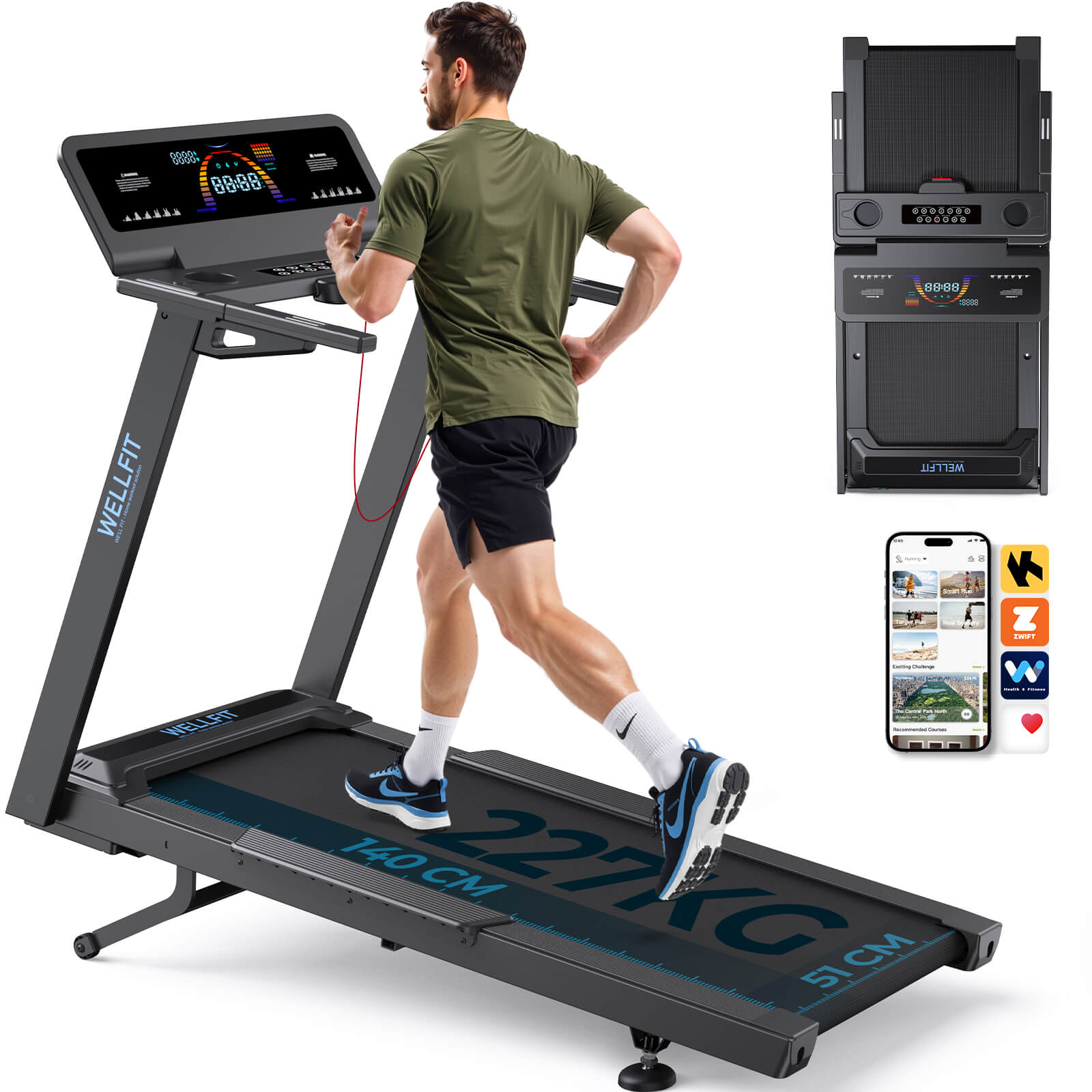 TM029 Pro Heavy Duty Treadmill with 227kg capacity and 140x51cm deck supports intense runs, features compact folding & smart app connectivity for modern home workouts.