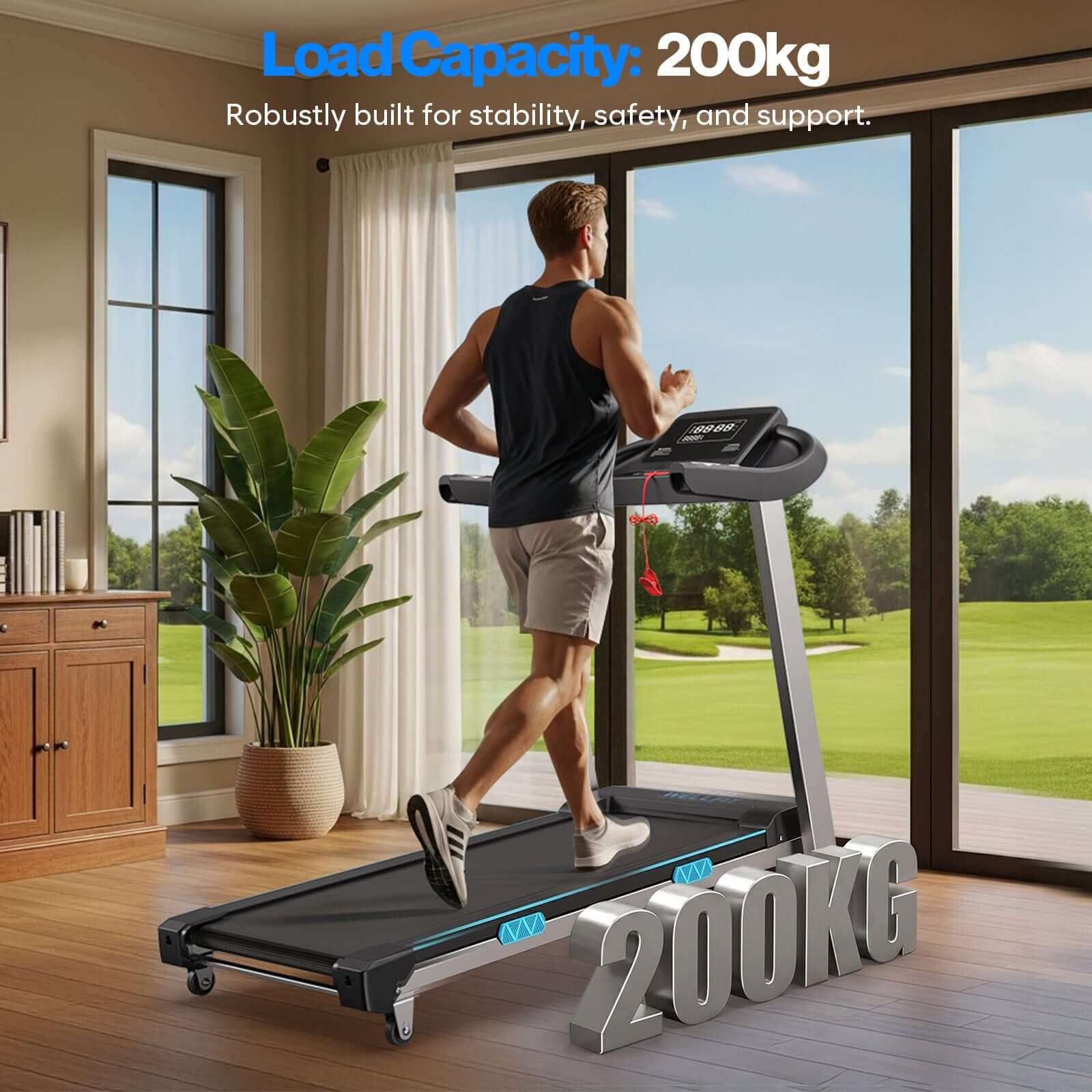 TM007 Foldable Auto 15% Incline Treadmill with 200kg capacity stays firmly planted and quiet on home floors, ensuring safe stable runs without shaking or disturbing others.
