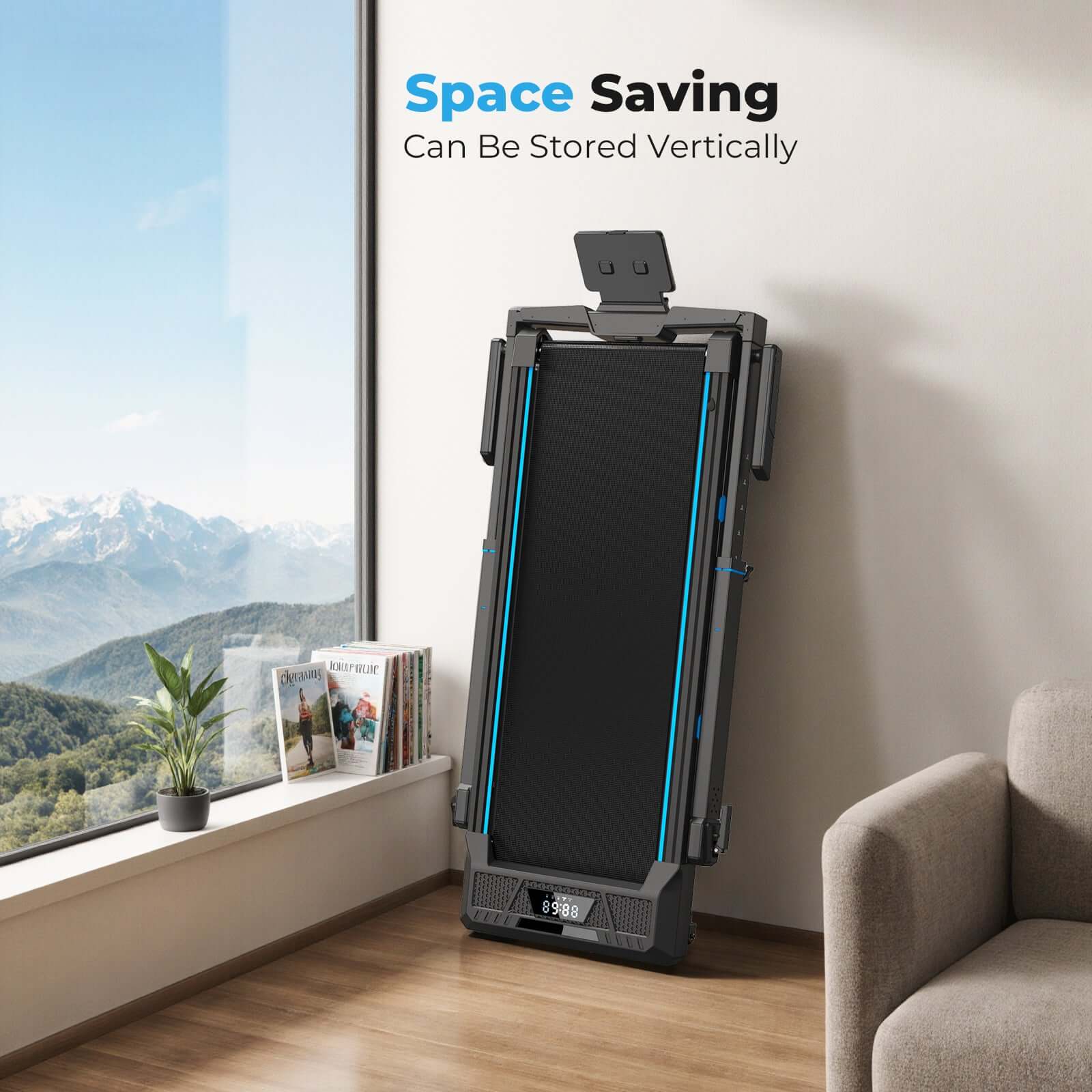 TM032 Height-Adjustable Treadmill with 10% Auto Incline, space-saving vertical storage fits snugly against any wall, perfect for compact European apartments. 