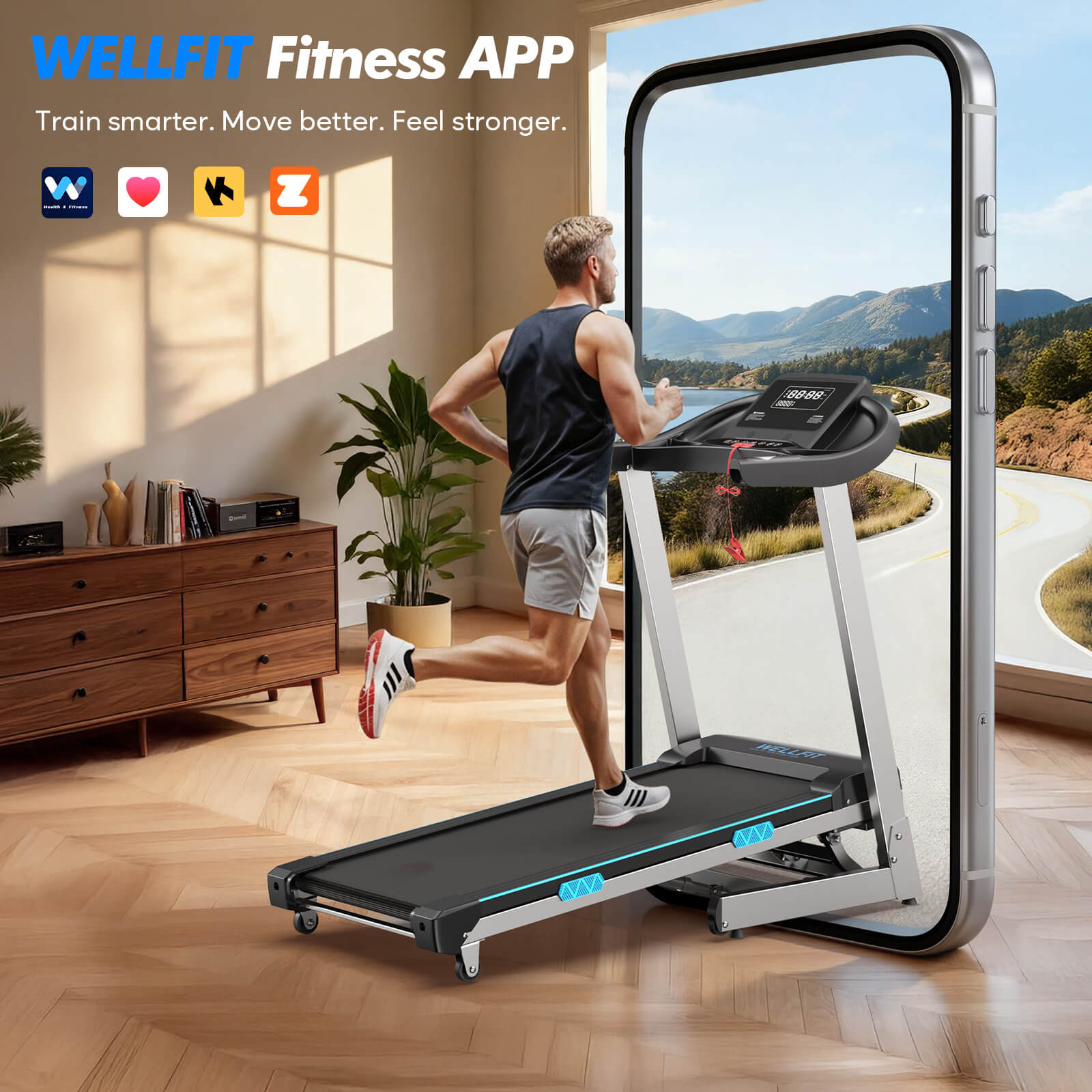 TM007 Foldable Auto 15% Incline Treadmill with 200kg capacity connects to the WELLFIT Fitness APP for guided smart training, turning home runs into immersive outdoor adventures.