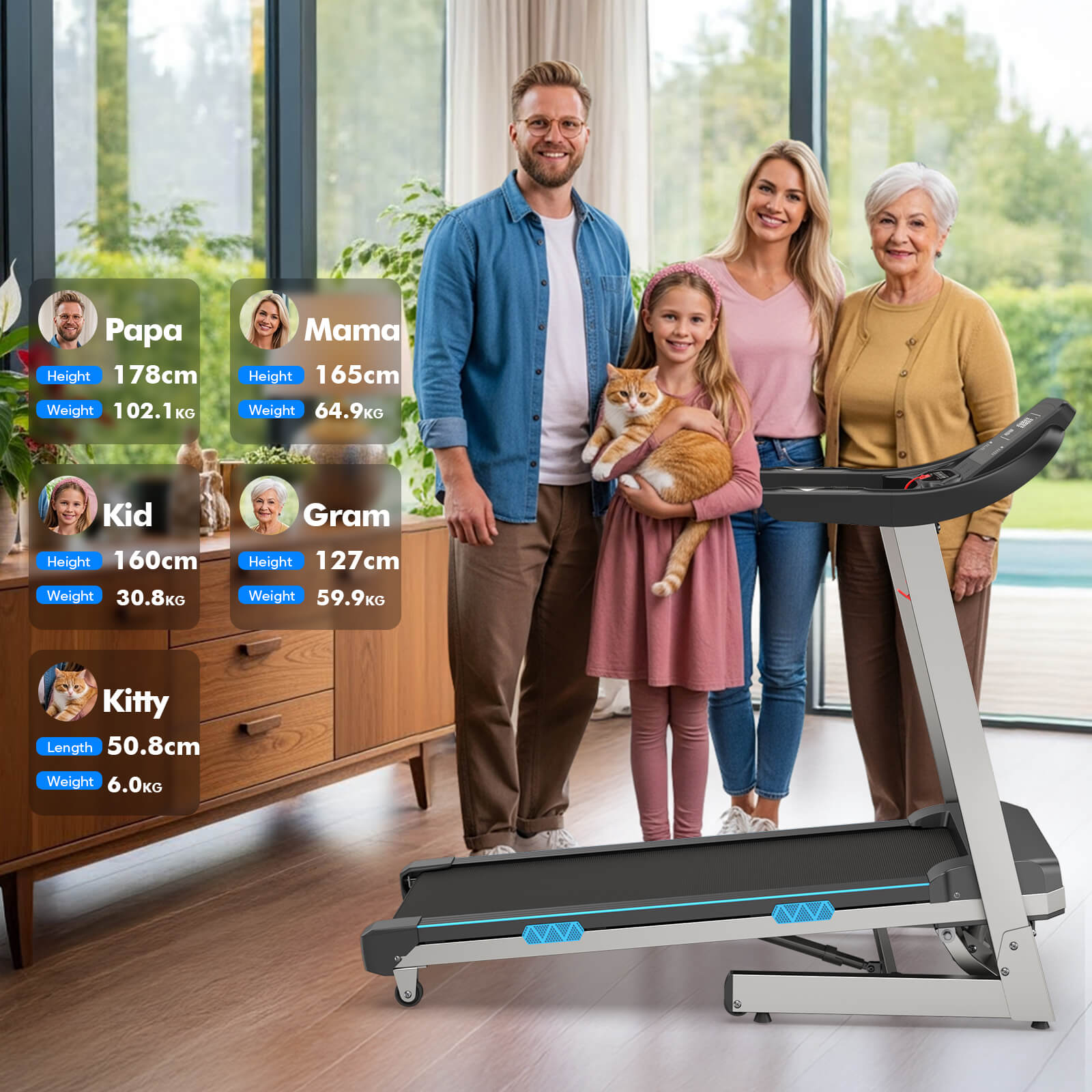 TM007 Foldable Auto 15% Incline Treadmill with 200kg capacity supports the whole family and pets, making it an inclusive fitness hub for safe shared workouts at home.