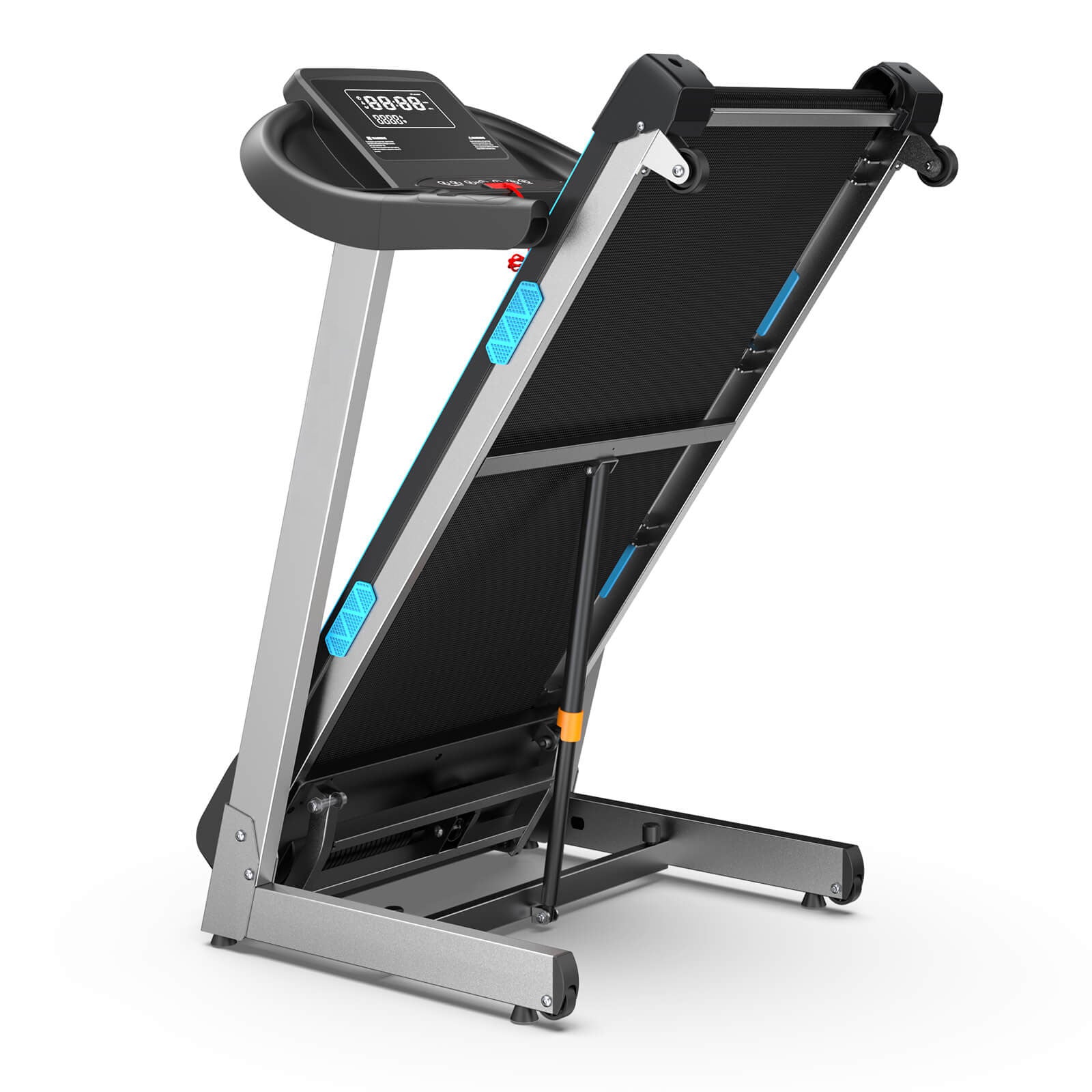 TM007 Foldable Auto 15% Incline Treadmill with 200kg capacity uses hydraulic support for easy vertical folding, saving space and simplifying storage in tight home gyms.