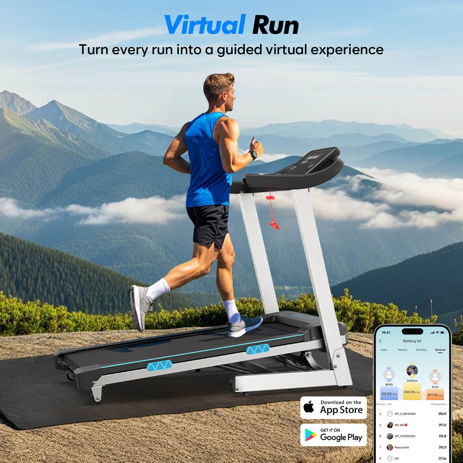 TM007 Foldable Auto 15% Incline Treadmill with 200kg capacity turns every run into a guided virtual adventure, syncing with your app to track progress and fuel motivation.