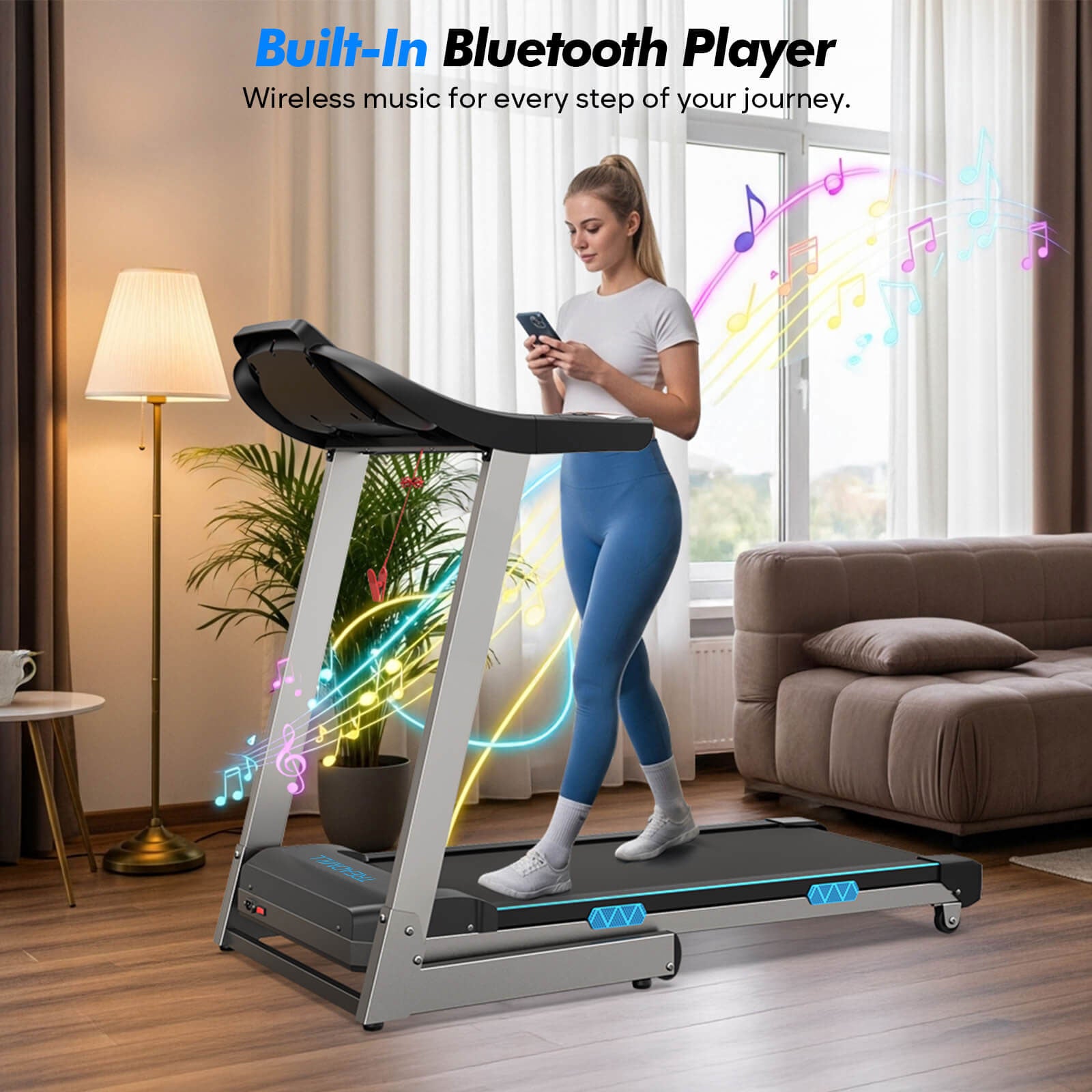 TM007 Foldable Auto 15% Incline Treadmill with 200kg capacity features built-in Bluetooth to stream music wirelessly, keeping you motivated during every home workout.