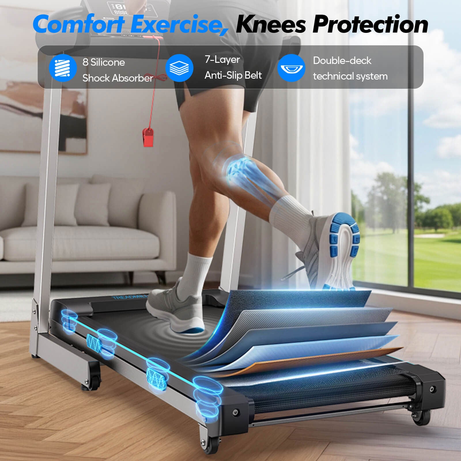 TM007 Foldable Auto 15% Incline Treadmill features 8 silicone shock absorbers and 7-layer anti-slip belt for knees protection, reducing joint stress during comfort exercise.