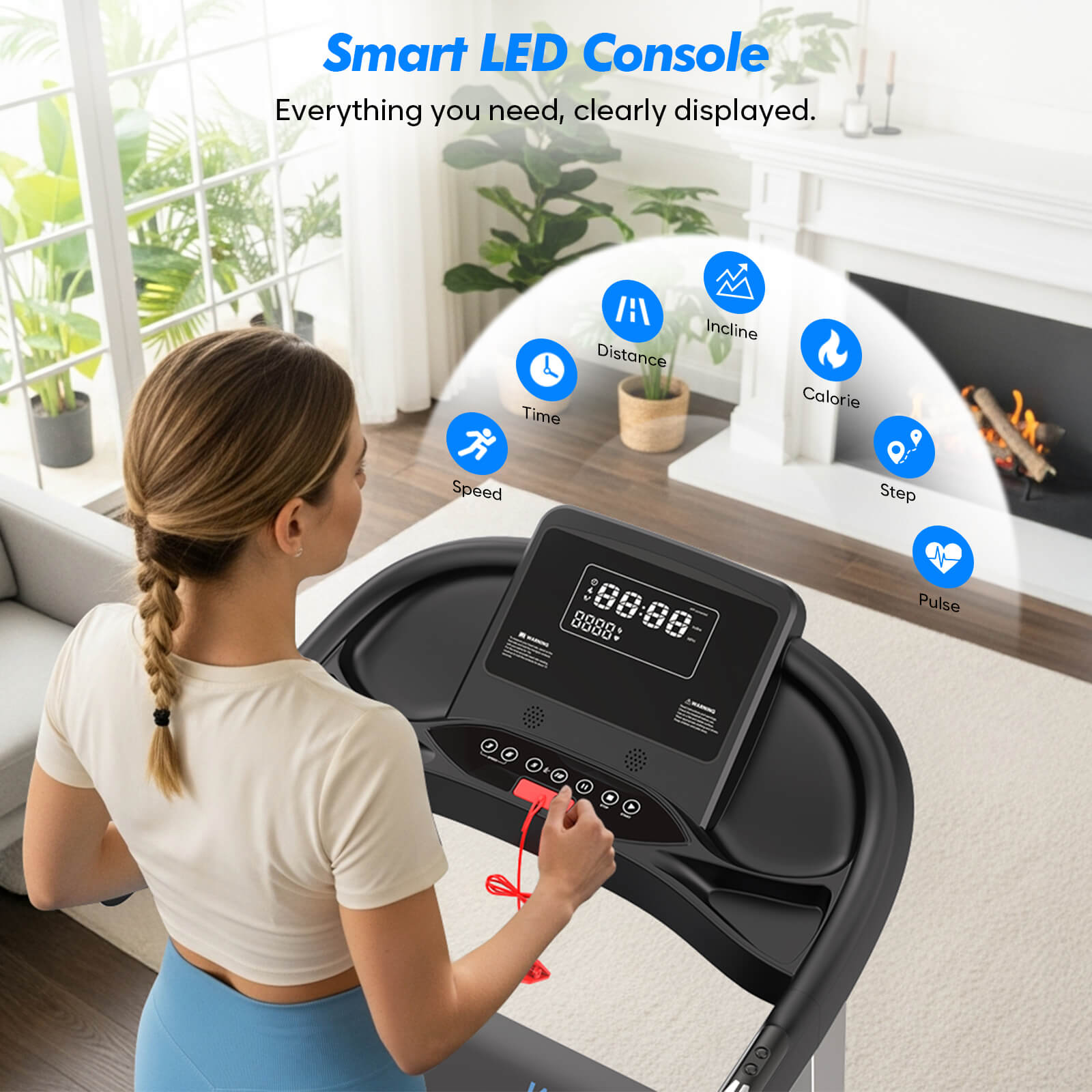 TM007 Foldable Auto 15% Incline Treadmill features a smart LED console displaying time, speed, distance, calories, and pulse for clear, all-in-one workout tracking.