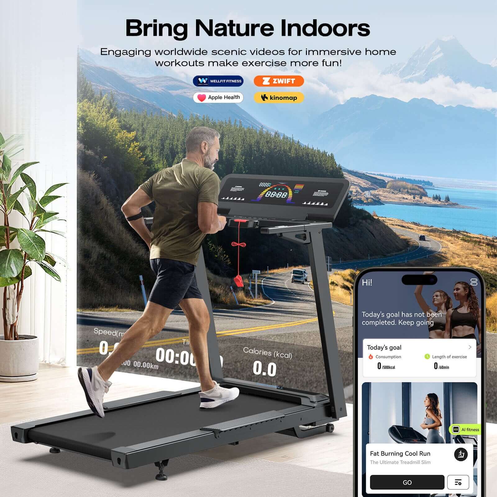TM029 Pro Heavy Duty Treadmill brings nature indoors with immersive scenic runs and seamless app sync for engaging, connected home workouts.