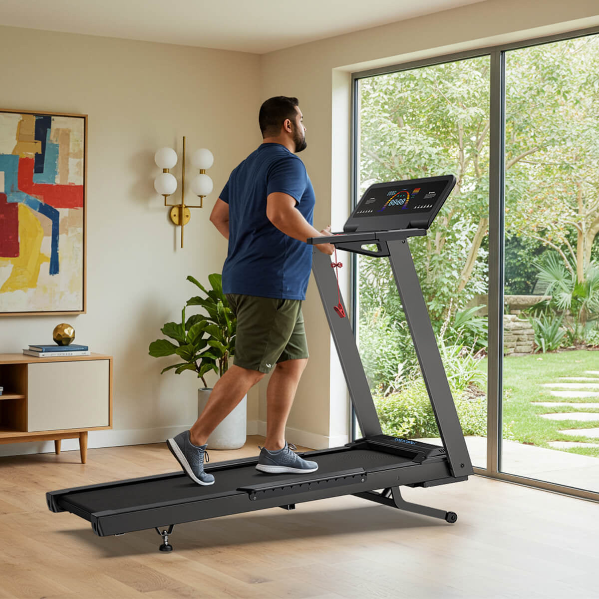 TM029 Pro Heavy Duty Treadmill with 15% auto incline and 227kg capacity fits seamlessly into your home, offering a spacious 140x51cm running deck for powerful indoor workouts.