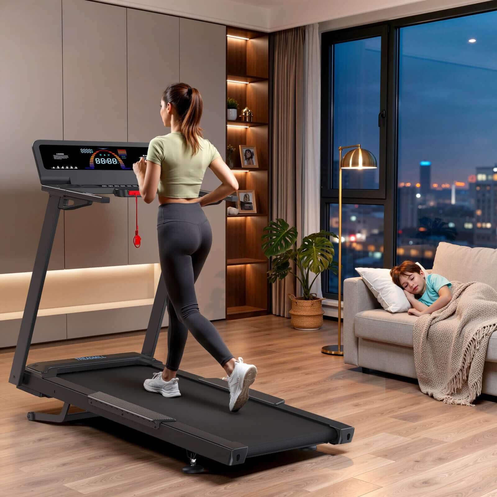 TM029 Pro Heavy Duty Treadmill runs whisper quiet letting you exercise late into the night while the little one sleeps peacefully on the sofa nearby.