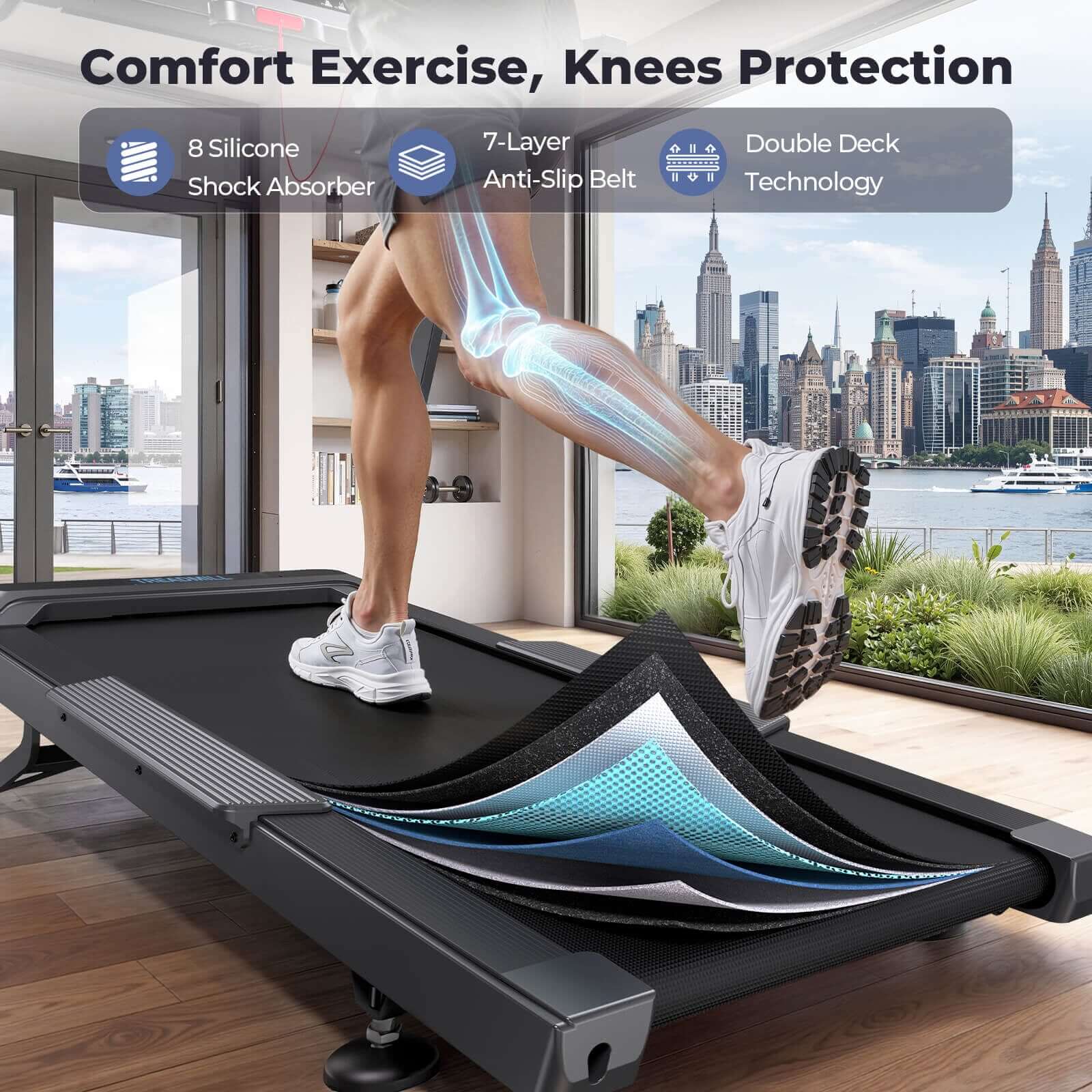 TM029 Pro Heavy Duty Treadmill protects knees with 8 silicone shock absorbers 7 layer anti slip belt and double deck tech for comfortable joint friendly workouts at home.