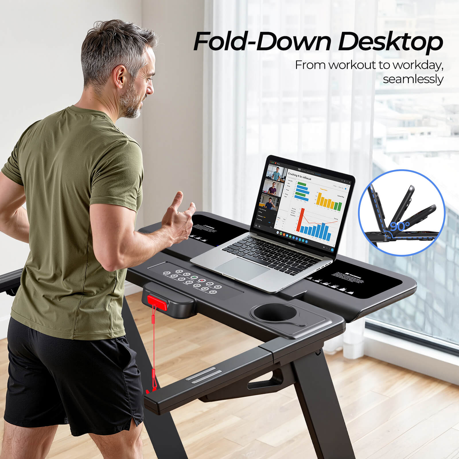 TM029 Pro Heavy Duty Treadmill features a flip down display creating a flat workspace for laptops enabling productive walking meetings or home office multitasking.
