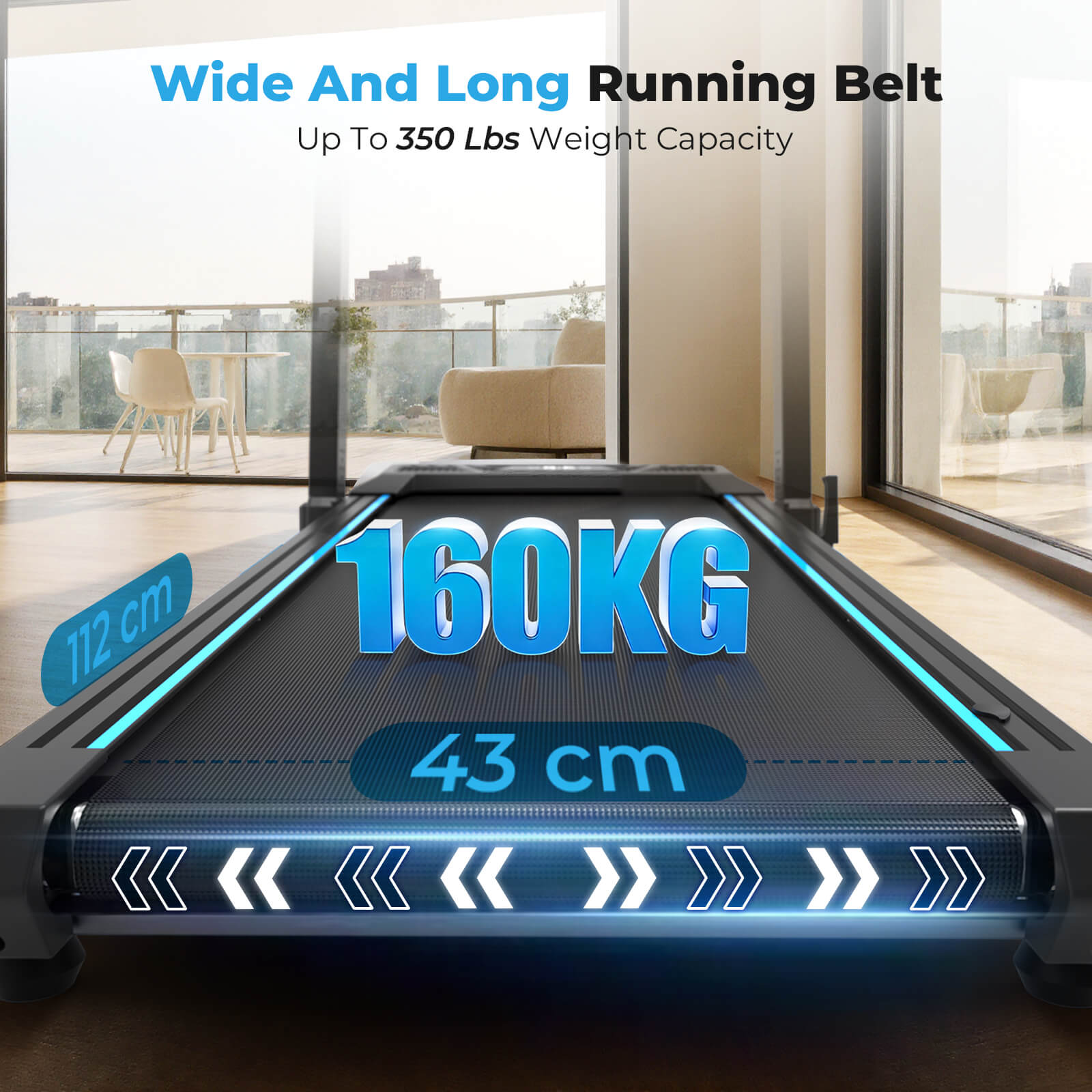 TM032 Height-Adjustable Treadmill with 10% Auto Incline features a wide 43cm x 112cm running belt with 160KG weight capacity, ideal for spacious home workouts.