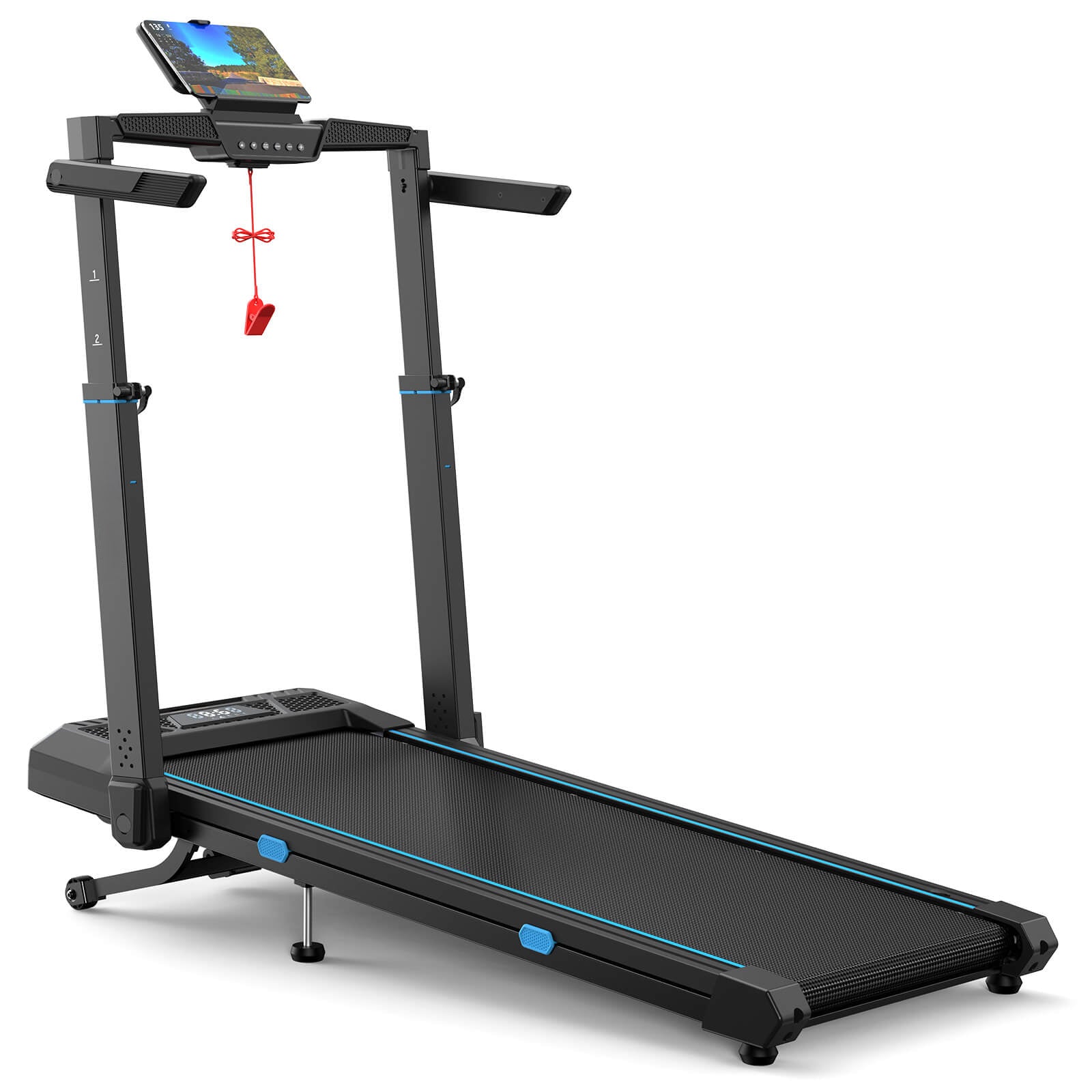 TM032 Height-Adjustable Treadmill with 10% Auto Incline features an integrated tablet holder and safety key, designed for compact home fitness with stability.
