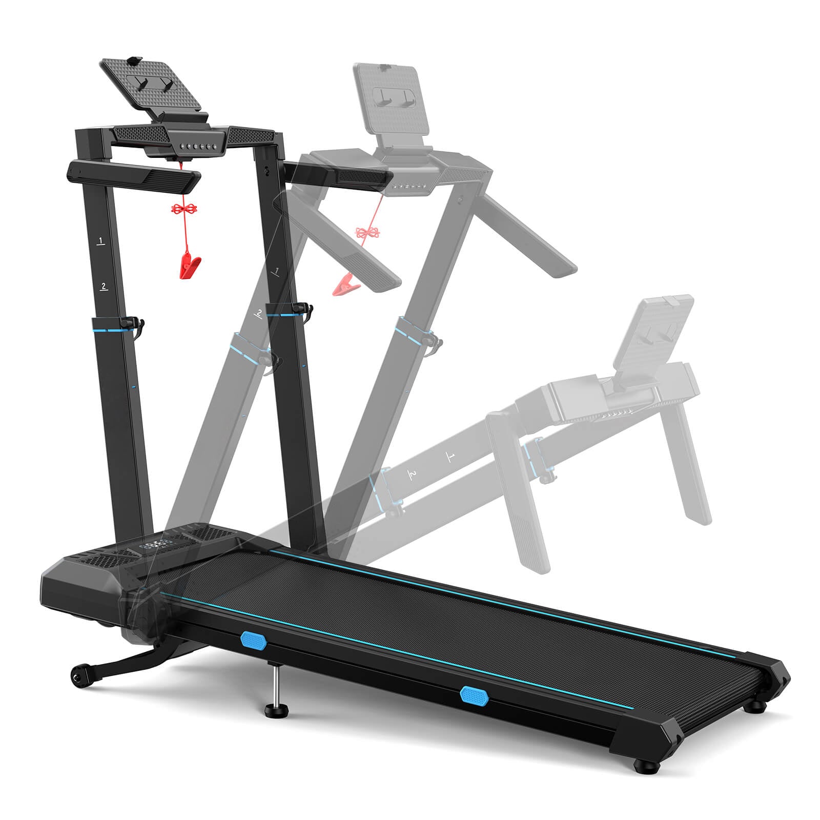 TM032 Height-Adjustable Treadmill with 10% Auto Incline shows easy folding and height adjustment for space-saving storage and ergonomic comfort.