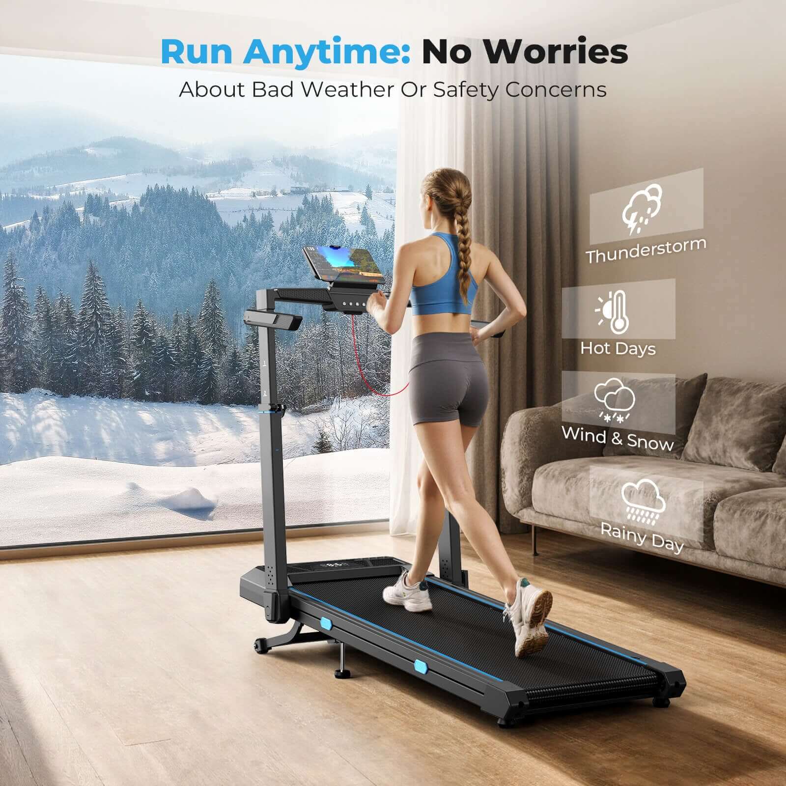 TM032 Height-Adjustable Treadmill with 10% Auto Incline, run anytime without worries about bad weather or safety — enjoy year-round indoor workouts in comfort and peace.