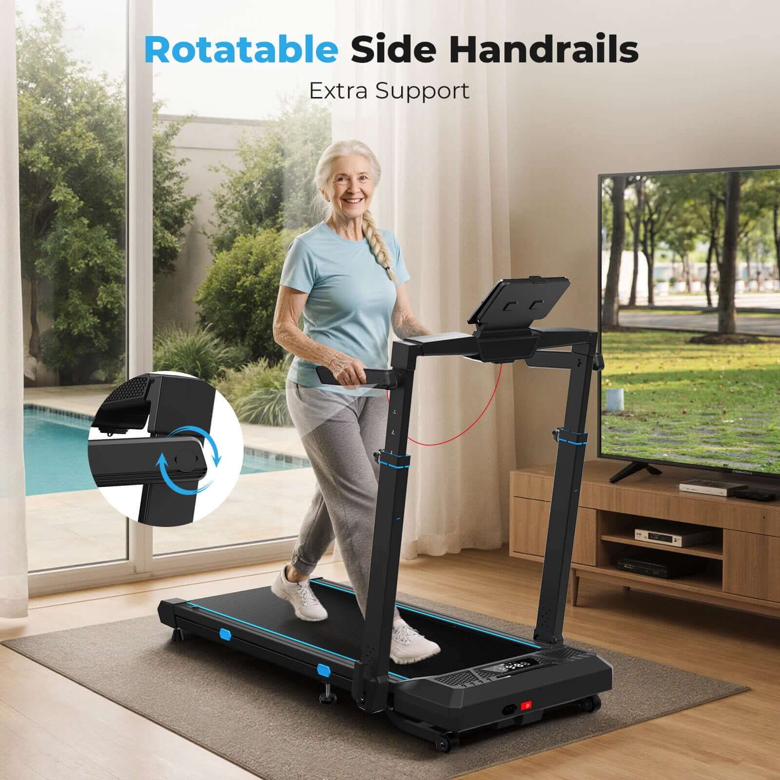 TM032 Height-Adjustable Treadmill with 10% Auto Incline, rotatable side handrails provide extra support for safe walking at home.