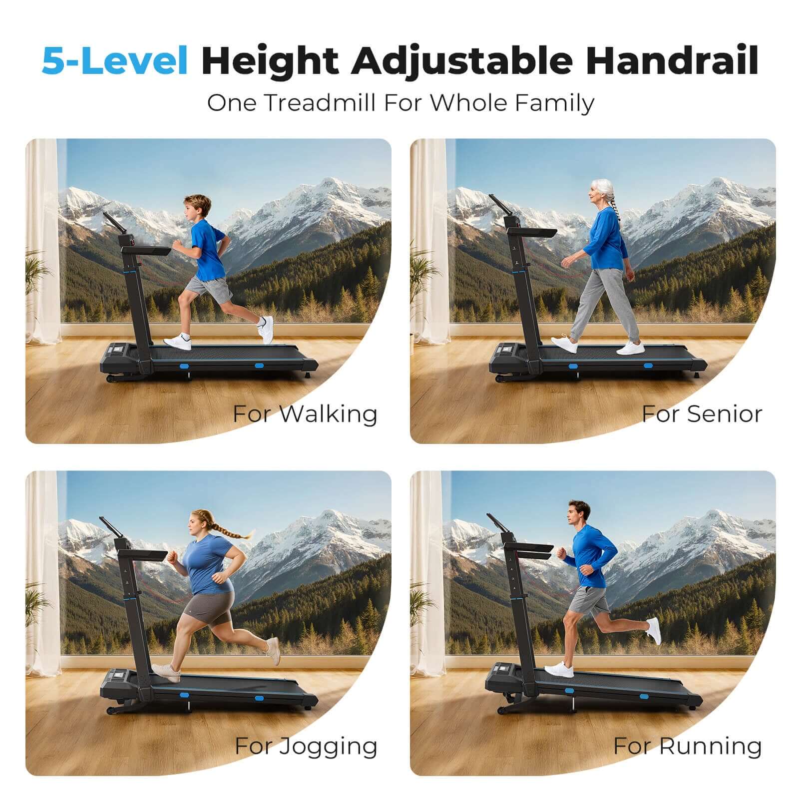 TM032 Height-Adjustable Treadmill with 10% Auto Incline, 5-level handrail for kids walking, seniors, jogging and running—perfect for multi-generational family fitness at home.